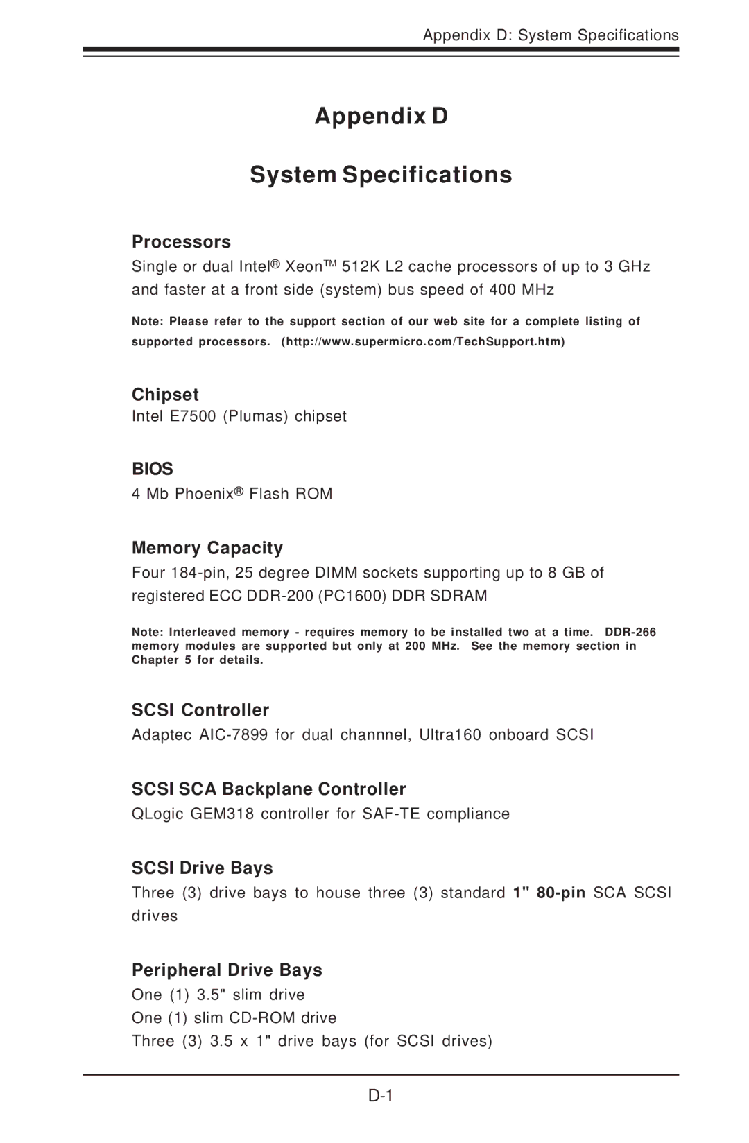 SUPER MICRO Computer 6012P-6 user manual Appendix D System Specifications 