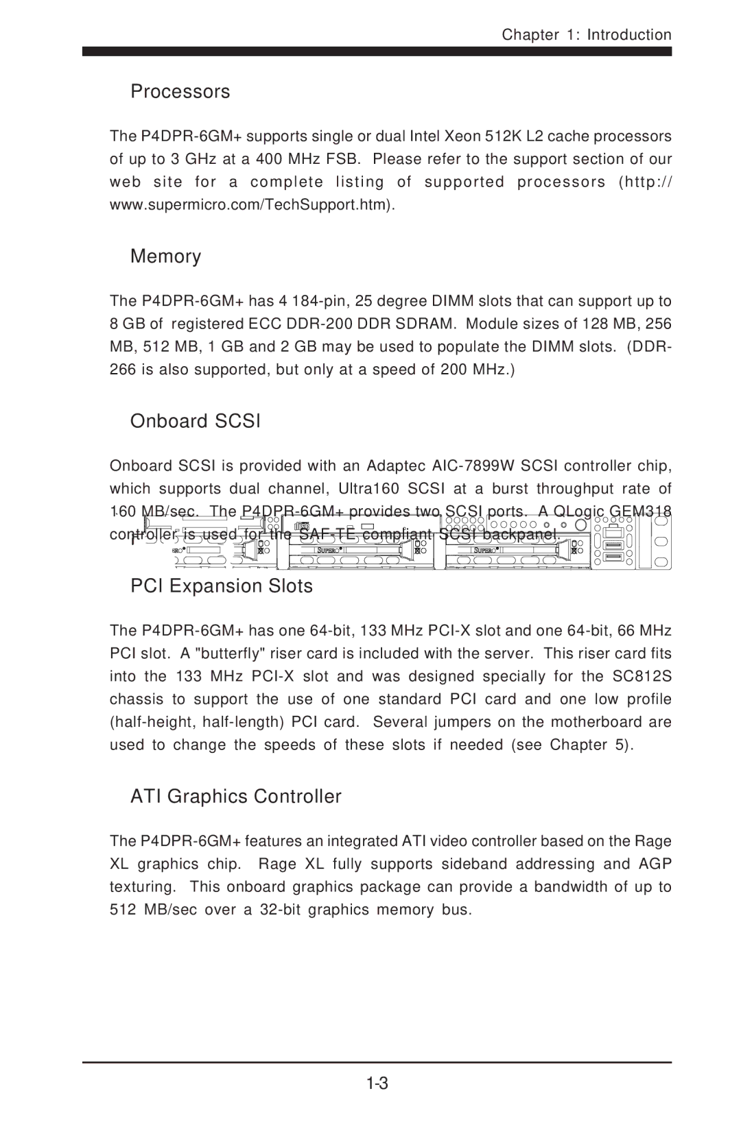 SUPER MICRO Computer 6012P-6 user manual Processors Memory, Onboard Scsi, PCI Expansion Slots, ATI Graphics Controller 