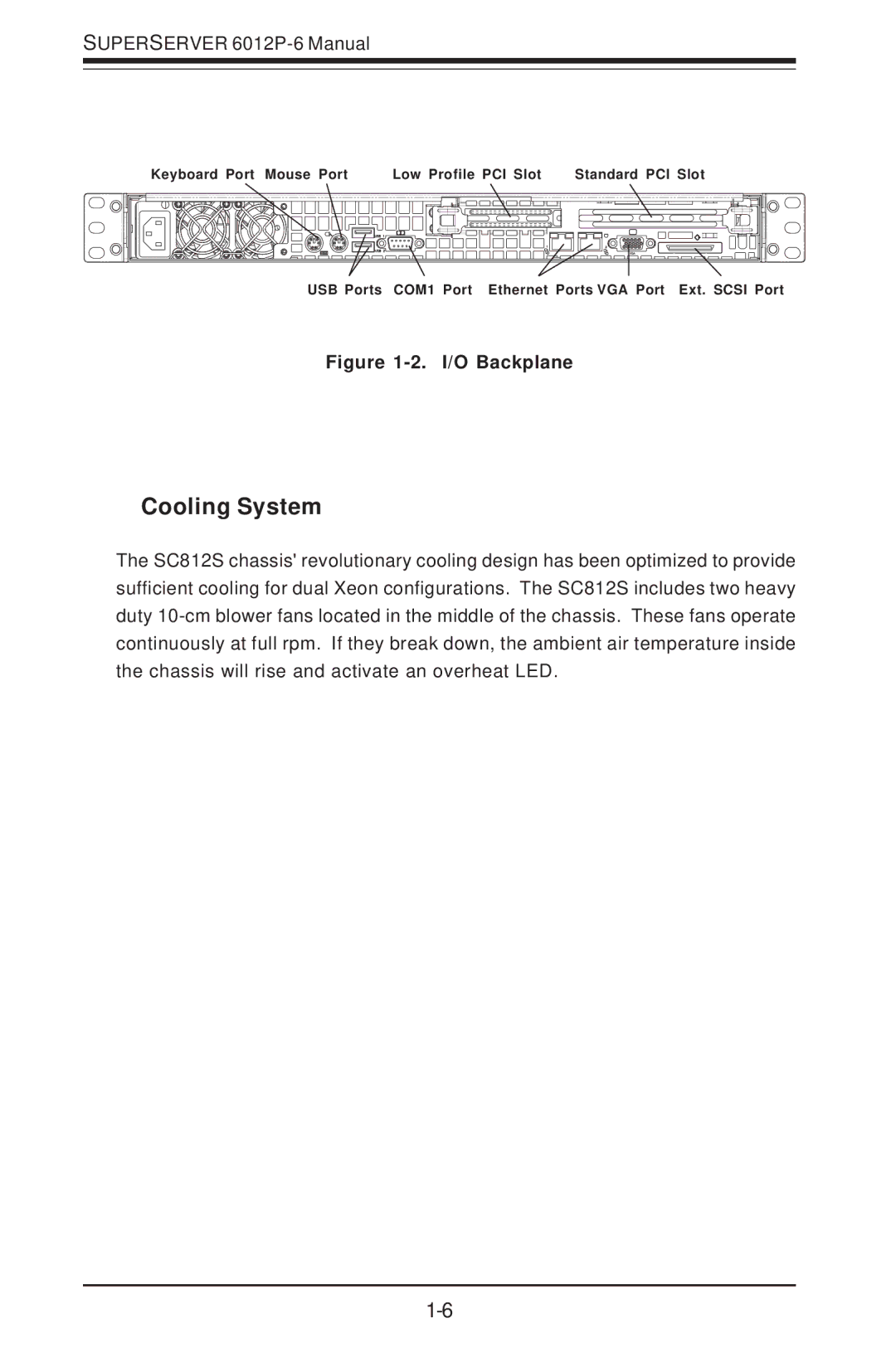 SUPER MICRO Computer 6012P-6 user manual Cooling System, I/O Backplane 