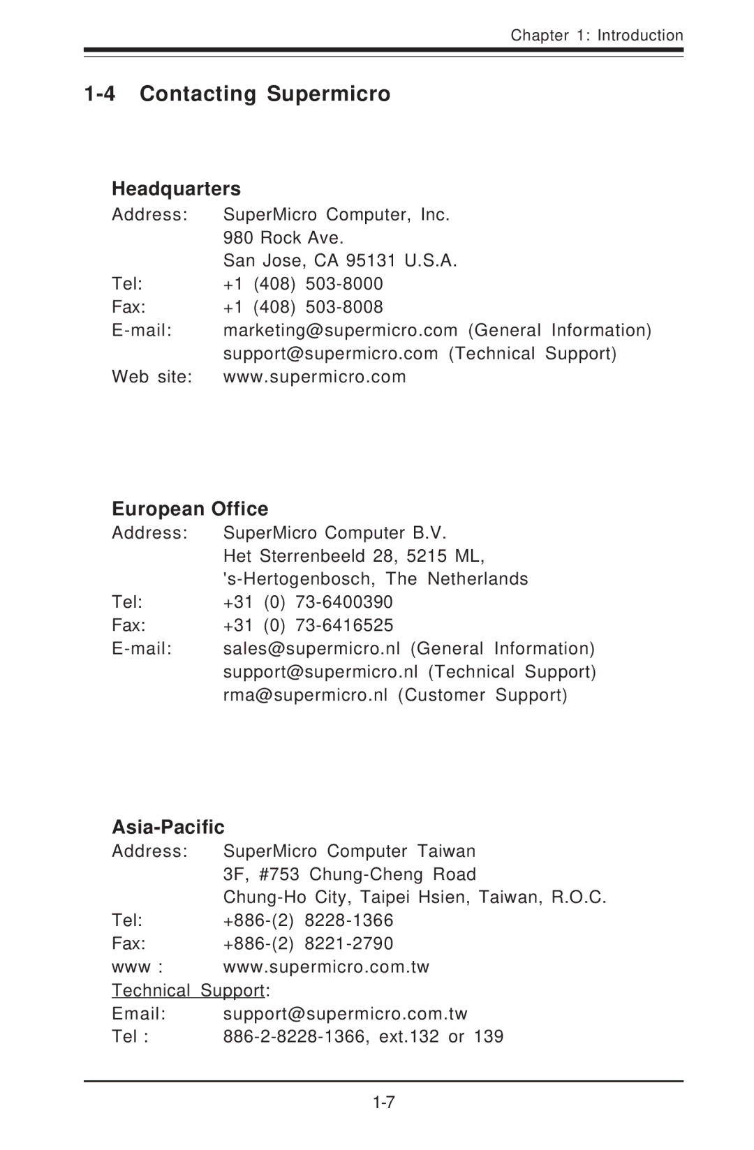 SUPER MICRO Computer 6012P-6 user manual Contacting Supermicro, Headquarters, European Office, Asia-Pacific 