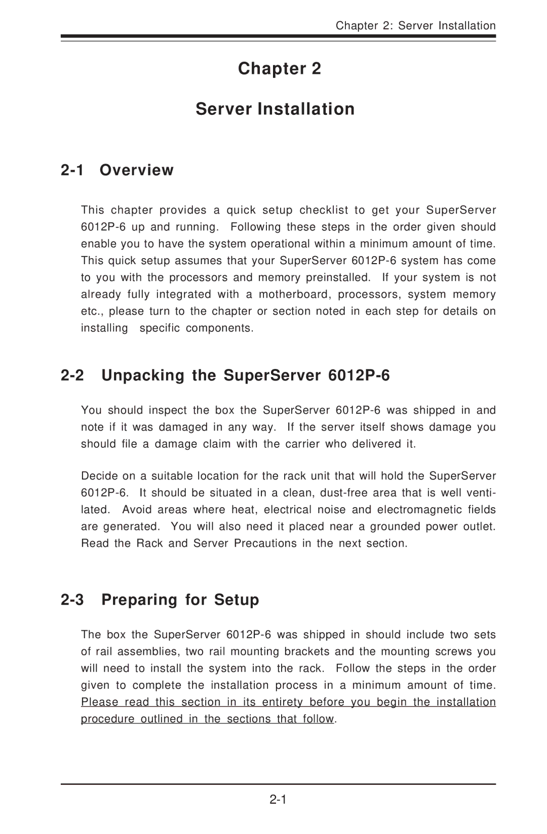 SUPER MICRO Computer user manual Chapter Server Installation, Unpacking the SuperServer 6012P-6, Preparing for Setup 