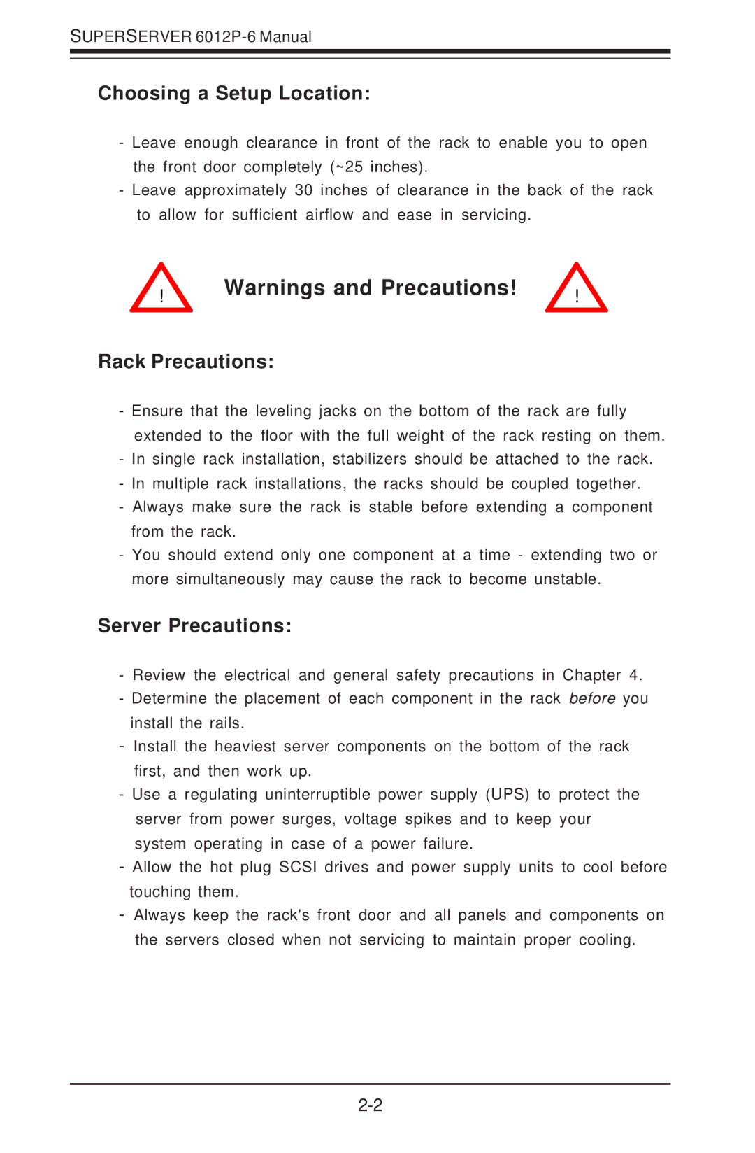 SUPER MICRO Computer 6012P-6 user manual Choosing a Setup Location, Rack Precautions, Server Precautions 