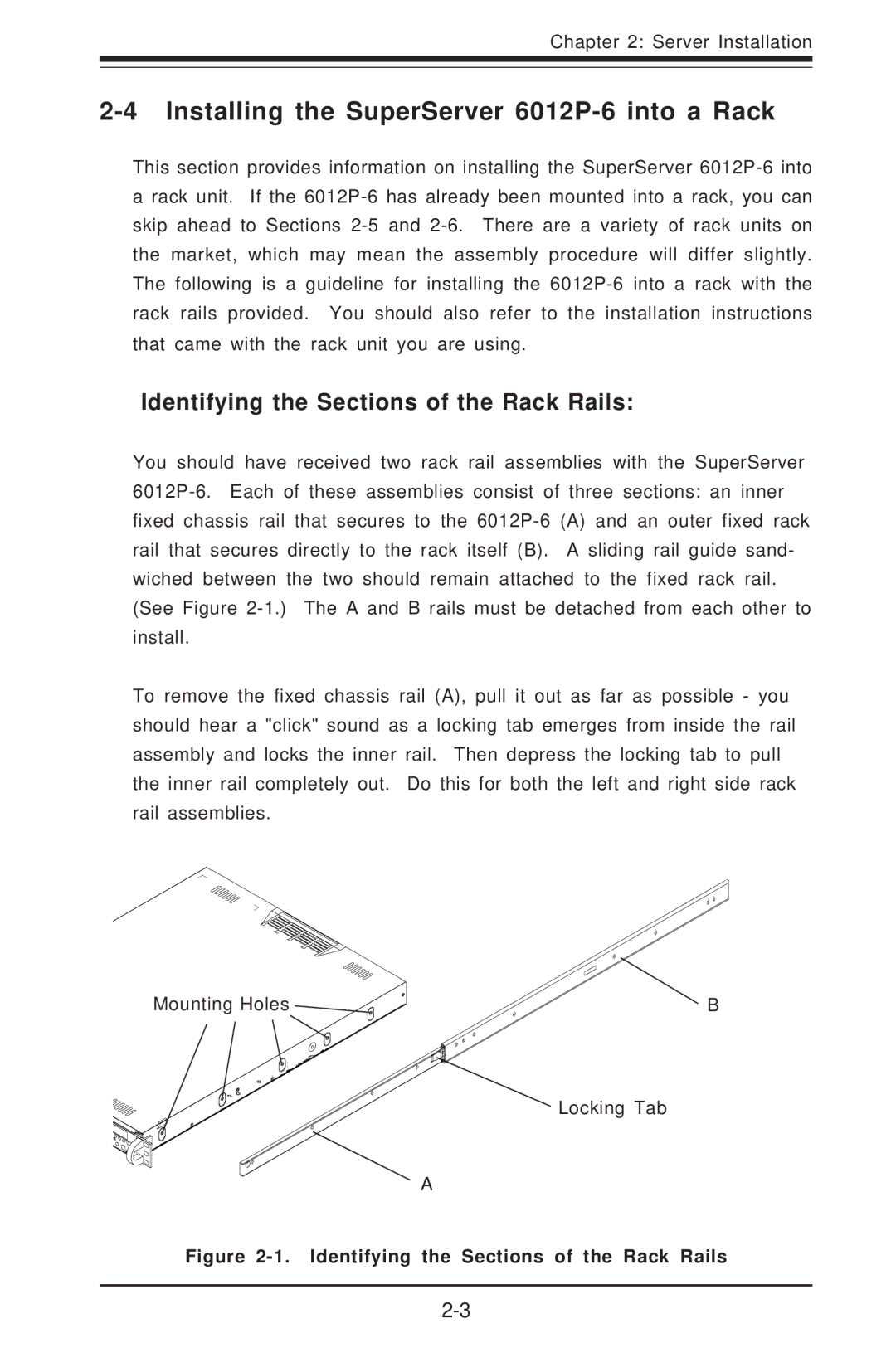 SUPER MICRO Computer Installing the SuperServer 6012P-6 into a Rack, Identifying the Sections of the Rack Rails 