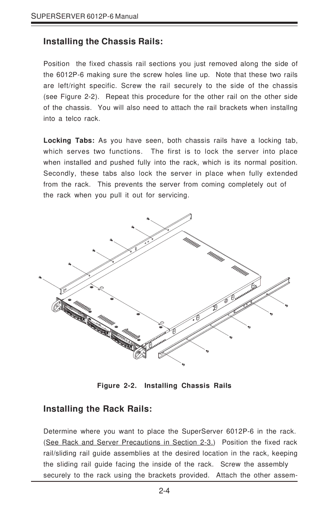 SUPER MICRO Computer 6012P-6 user manual Installing the Chassis Rails, Installing the Rack Rails 