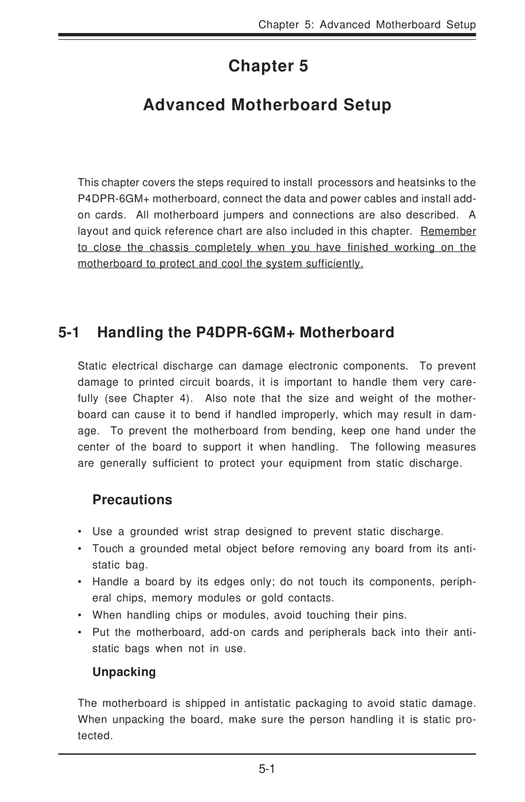 SUPER MICRO Computer 6012P-6 Chapter Advanced Motherboard Setup, Handling the P4DPR-6GM+ Motherboard, Precautions 