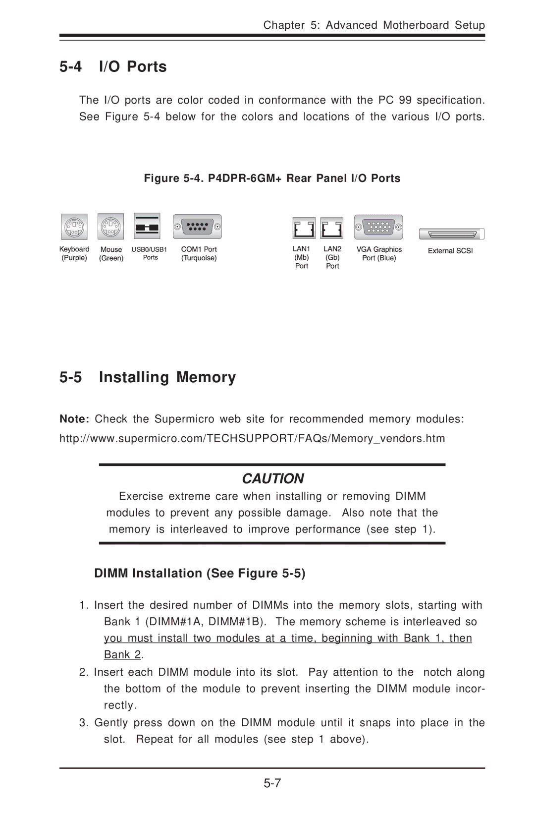 SUPER MICRO Computer 6012P-6 user manual I/O Ports, Installing Memory, Dimm Installation See Figure 