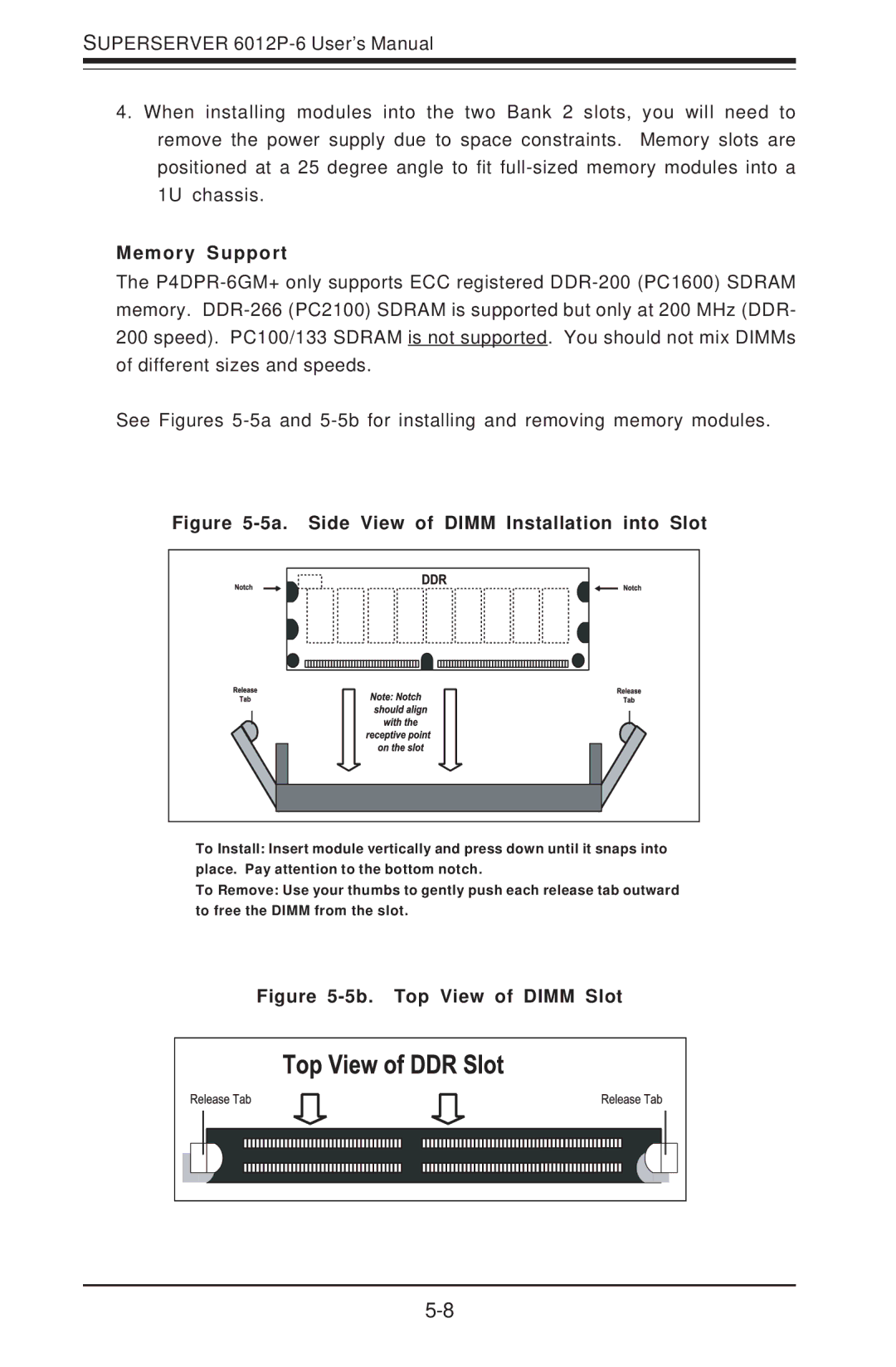 SUPER MICRO Computer 6012P-6 user manual Memory Support, Side View of Dimm Installation into Slot 