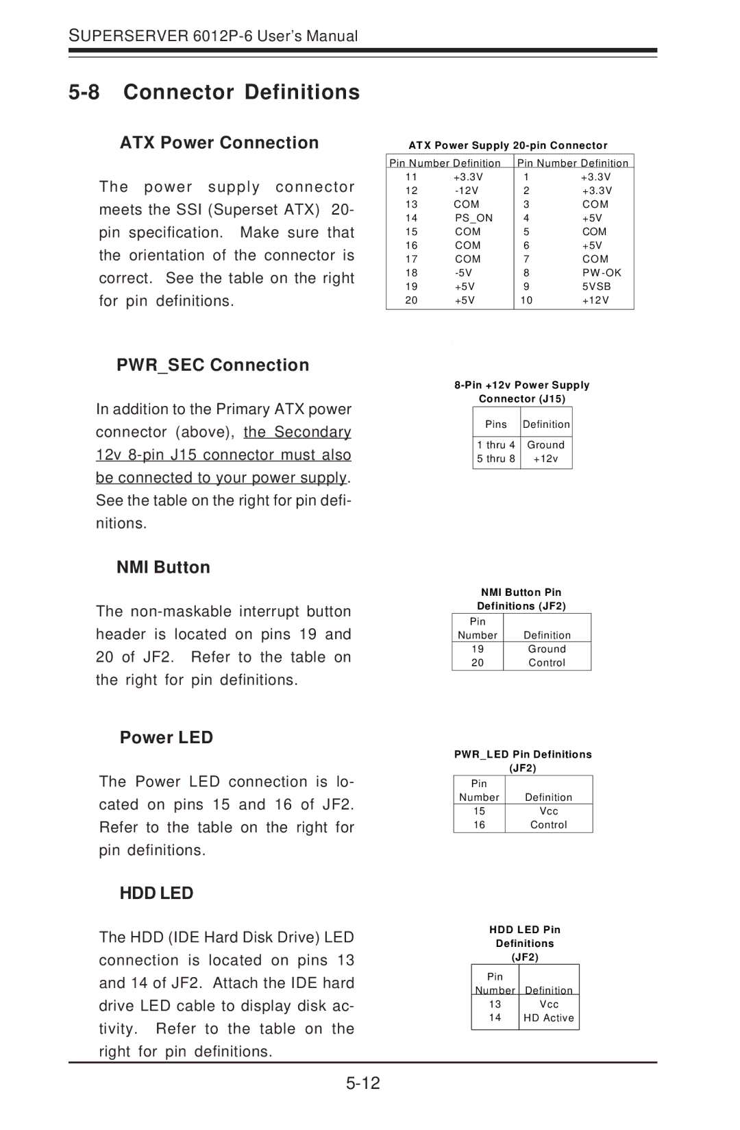 SUPER MICRO Computer 6012P-6 Connector Definitions, ATX Power Connection, Pwrsec Connection, NMI Button, Power LED 