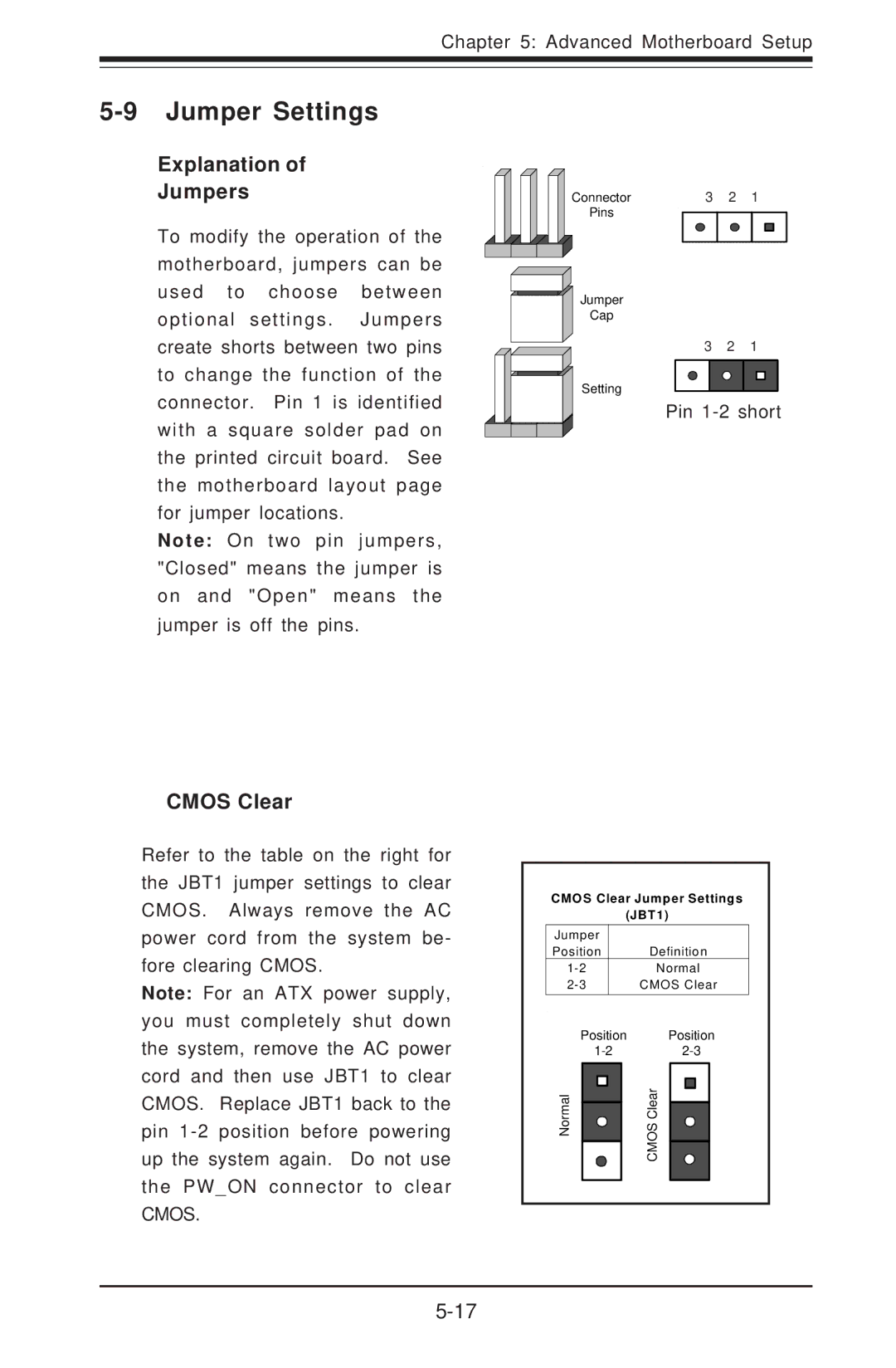 SUPER MICRO Computer 6012P-6 user manual Jumper Settings, Explanation Jumpers, Cmos Clear 