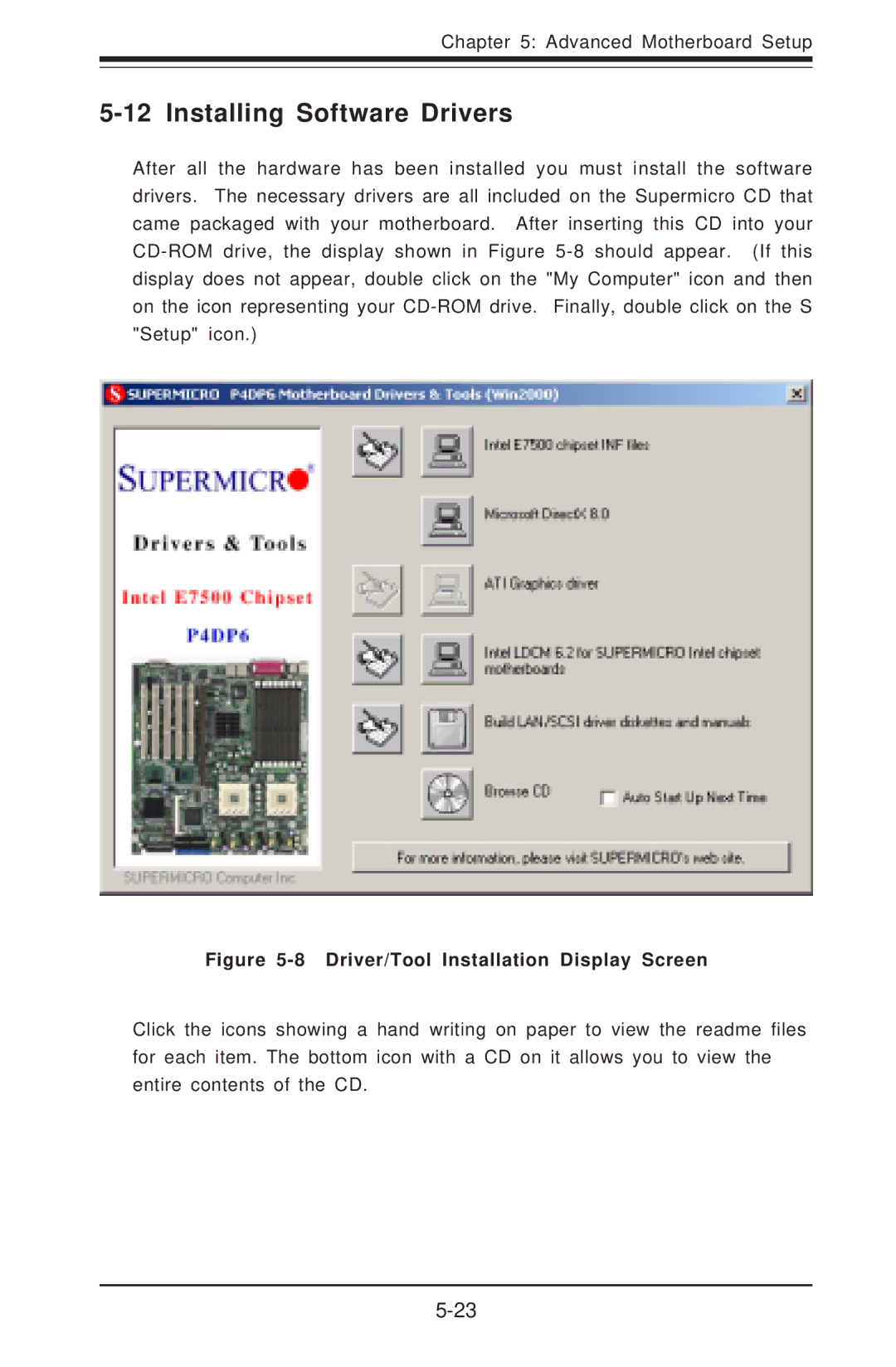 SUPER MICRO Computer 6012P-6 user manual Installing Software Drivers, Driver/Tool Installation Display Screen 