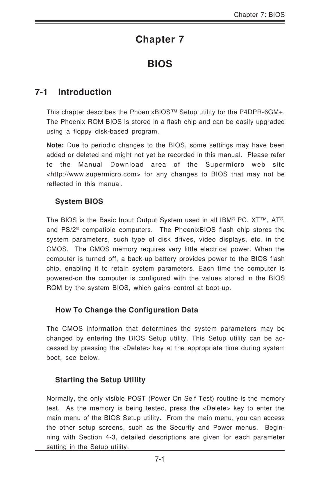 SUPER MICRO Computer 6012P-6 user manual Chapter, Introduction, System Bios, How To Change the Configuration Data 