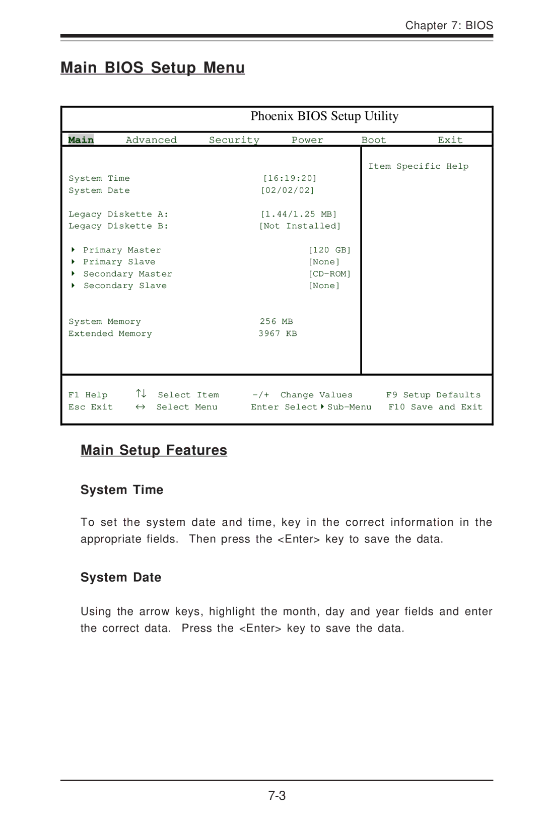 SUPER MICRO Computer 6012P-6 user manual Main Bios Setup Menu, Main Setup Features, System Time, System Date 