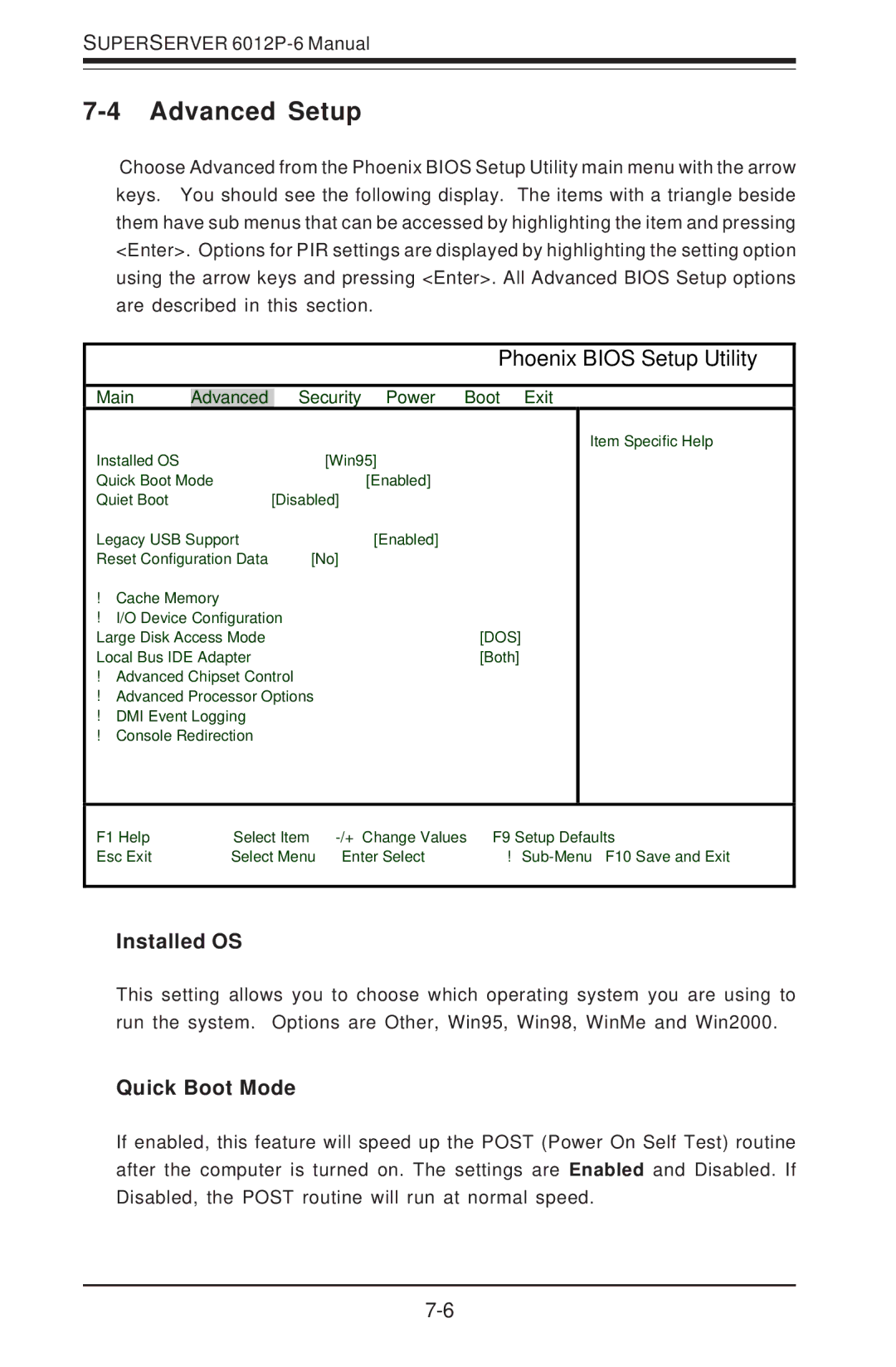 SUPER MICRO Computer 6012P-6 user manual Advanced Setup, Installed OS, Quick Boot Mode 