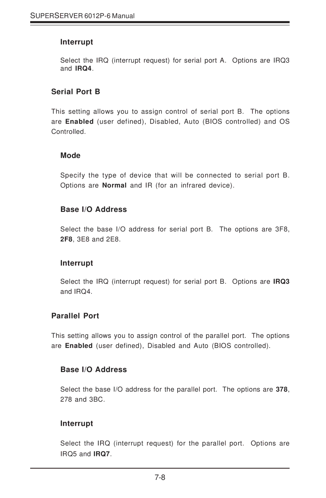 SUPER MICRO Computer 6012P-6 user manual Interrupt, Serial Port B, Mode, Parallel Port 