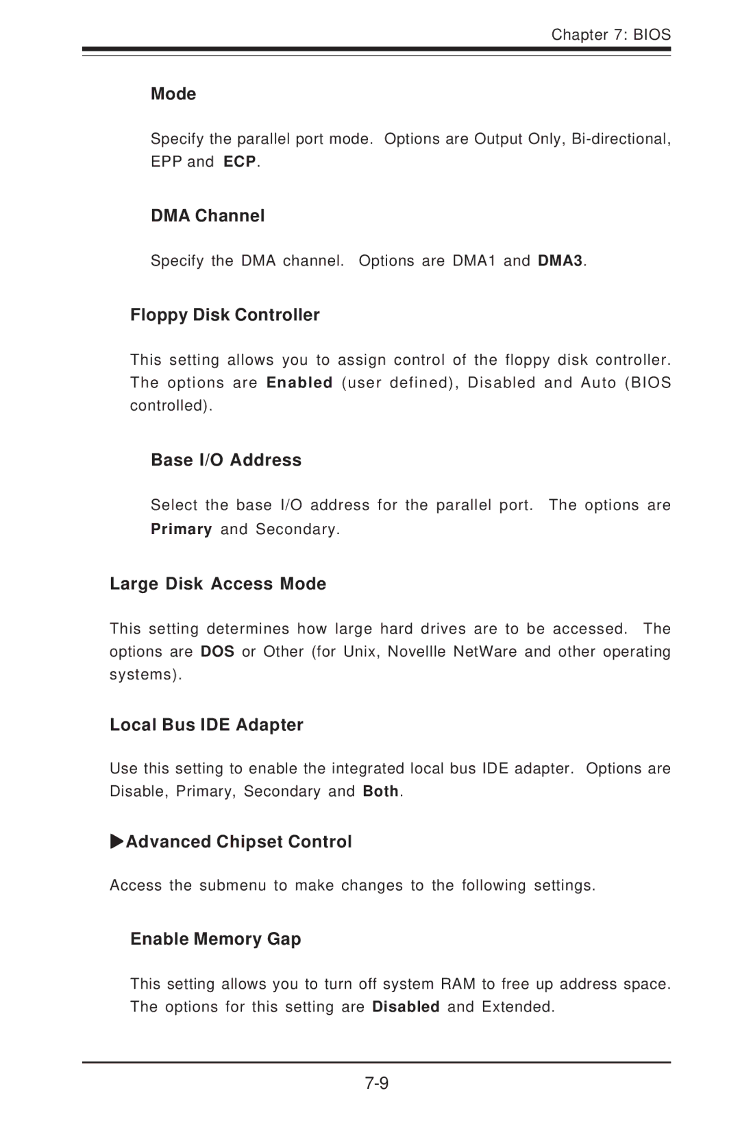 SUPER MICRO Computer 6012P-6 user manual DMA Channel, Floppy Disk Controller, Large Disk Access Mode, Local Bus IDE Adapter 