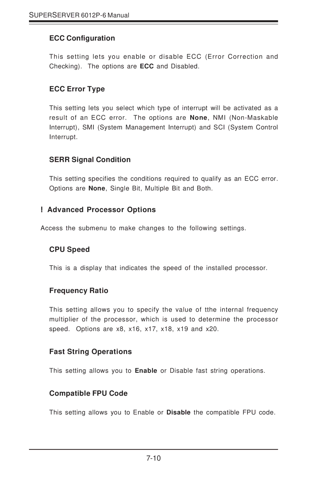 SUPER MICRO Computer 6012P-6 ECC Configuration, ECC Error Type, Serr Signal Condition, Advanced Processor Options 