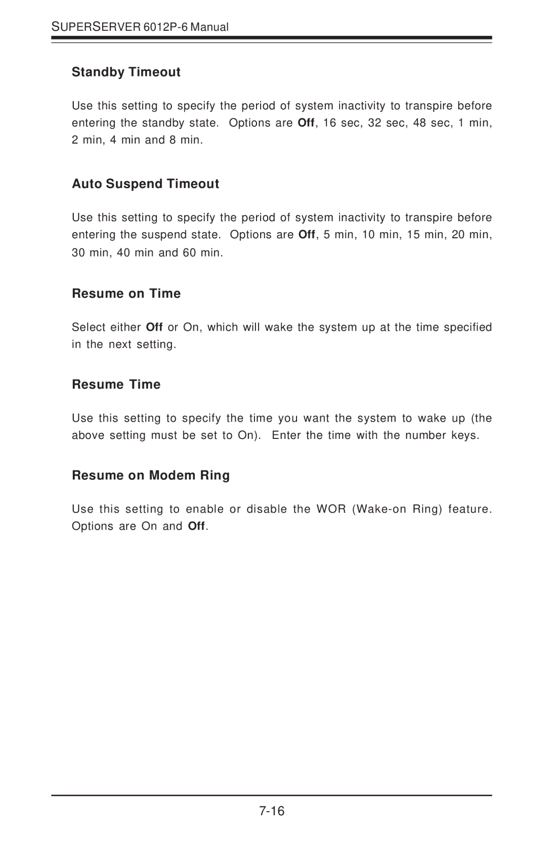 SUPER MICRO Computer 6012P-6 Standby Timeout, Auto Suspend Timeout, Resume on Time, Resume Time, Resume on Modem Ring 