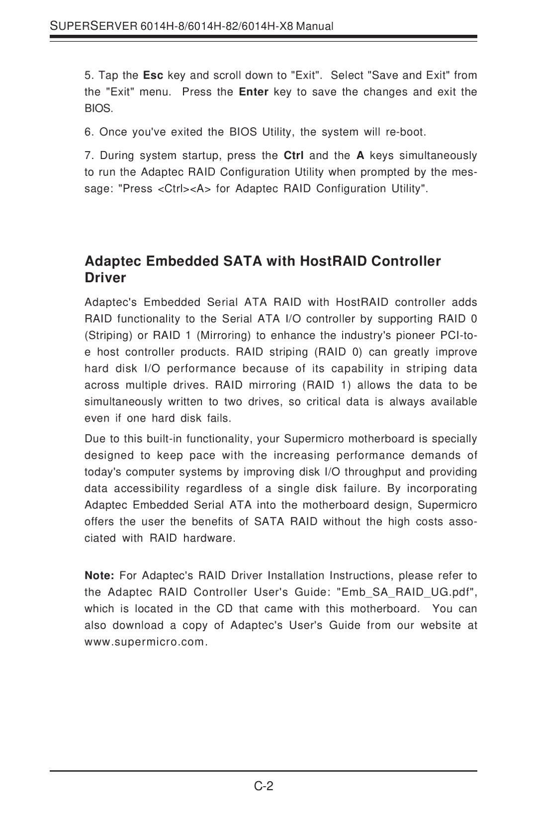 SUPER MICRO Computer 6014H-8 user manual Adaptec Embedded Sata with HostRAID Controller Driver 