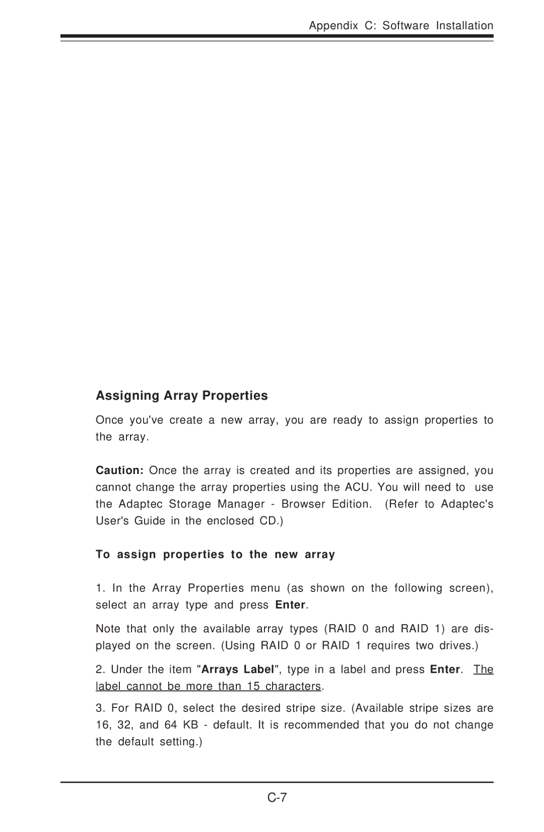 SUPER MICRO Computer 6014H-8 user manual Assigning Array Properties, To assign properties to the new array 