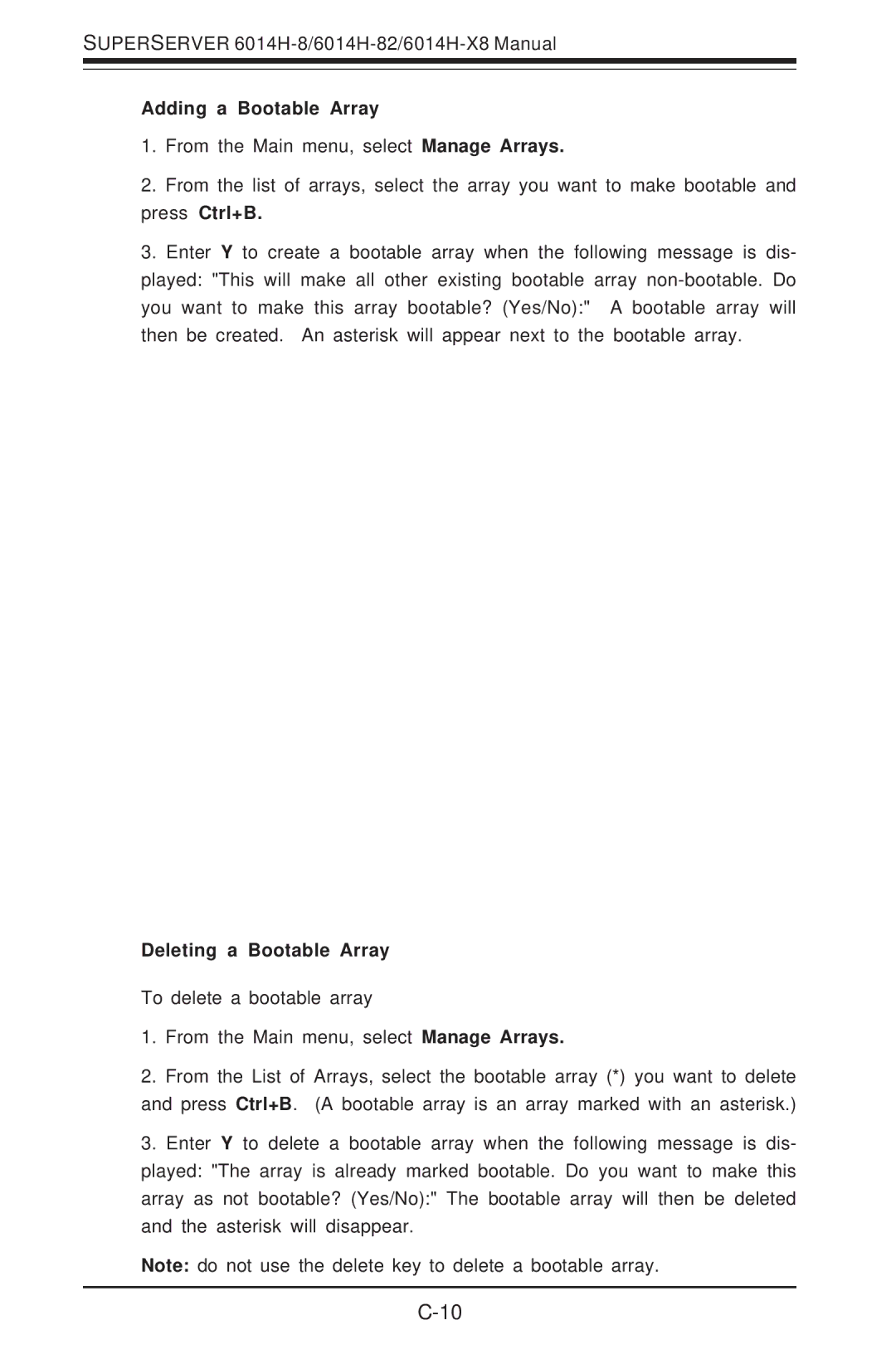 SUPER MICRO Computer 6014H-8 user manual Adding a Bootable Array, Deleting a Bootable Array 