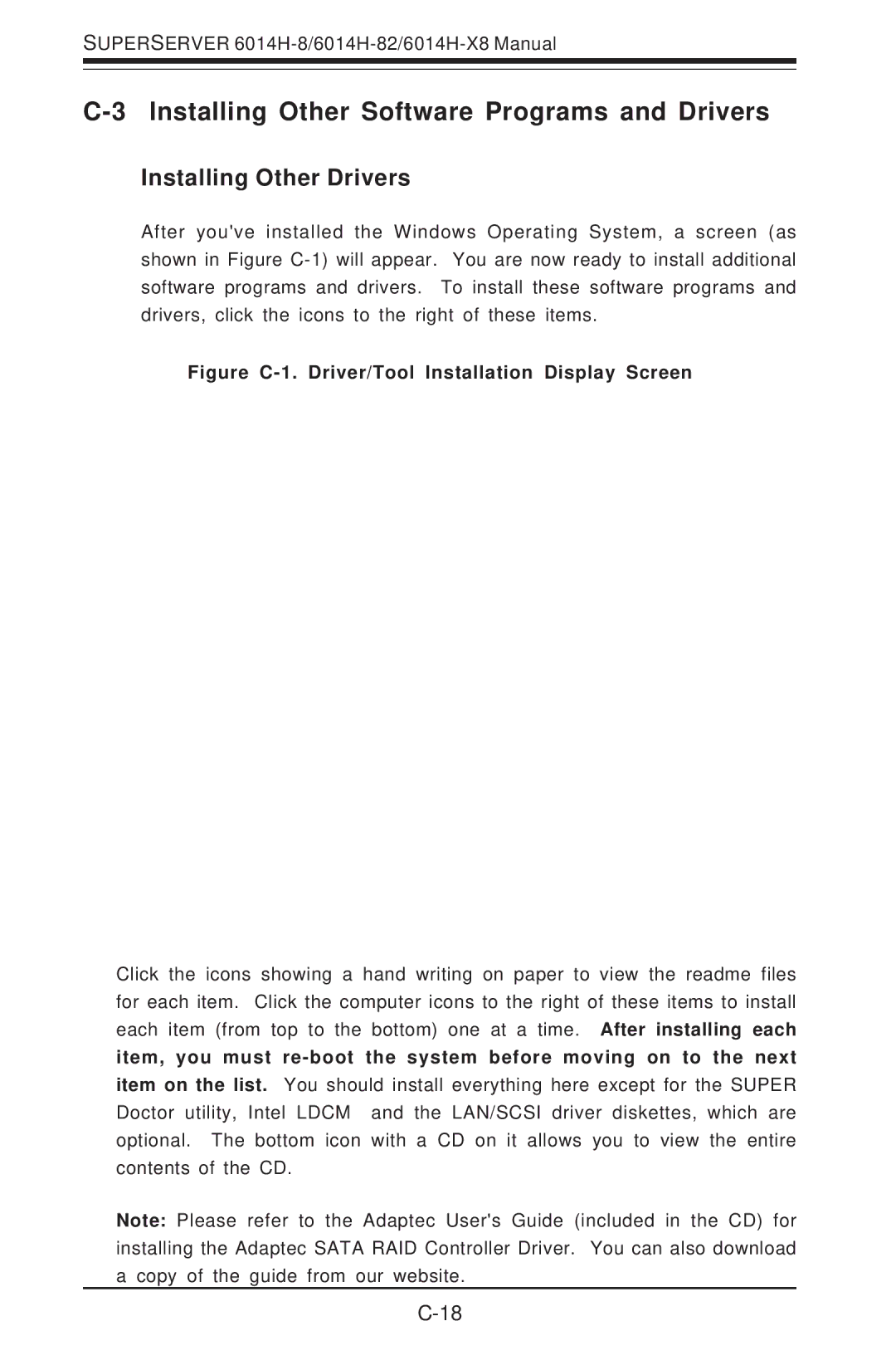 SUPER MICRO Computer 6014H-8 user manual Installing Other Software Programs and Drivers, Installing Other Drivers 