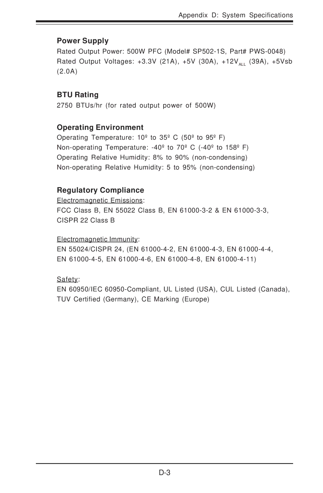 SUPER MICRO Computer 6014H-8 user manual Power Supply, BTU Rating, Operating Environment, Regulatory Compliance 