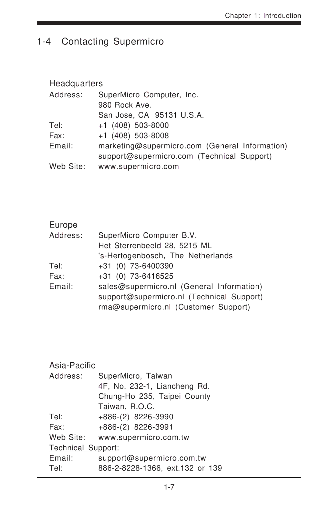 SUPER MICRO Computer 6014H-8 user manual Contacting Supermicro, Headquarters, Europe, Asia-Pacific 