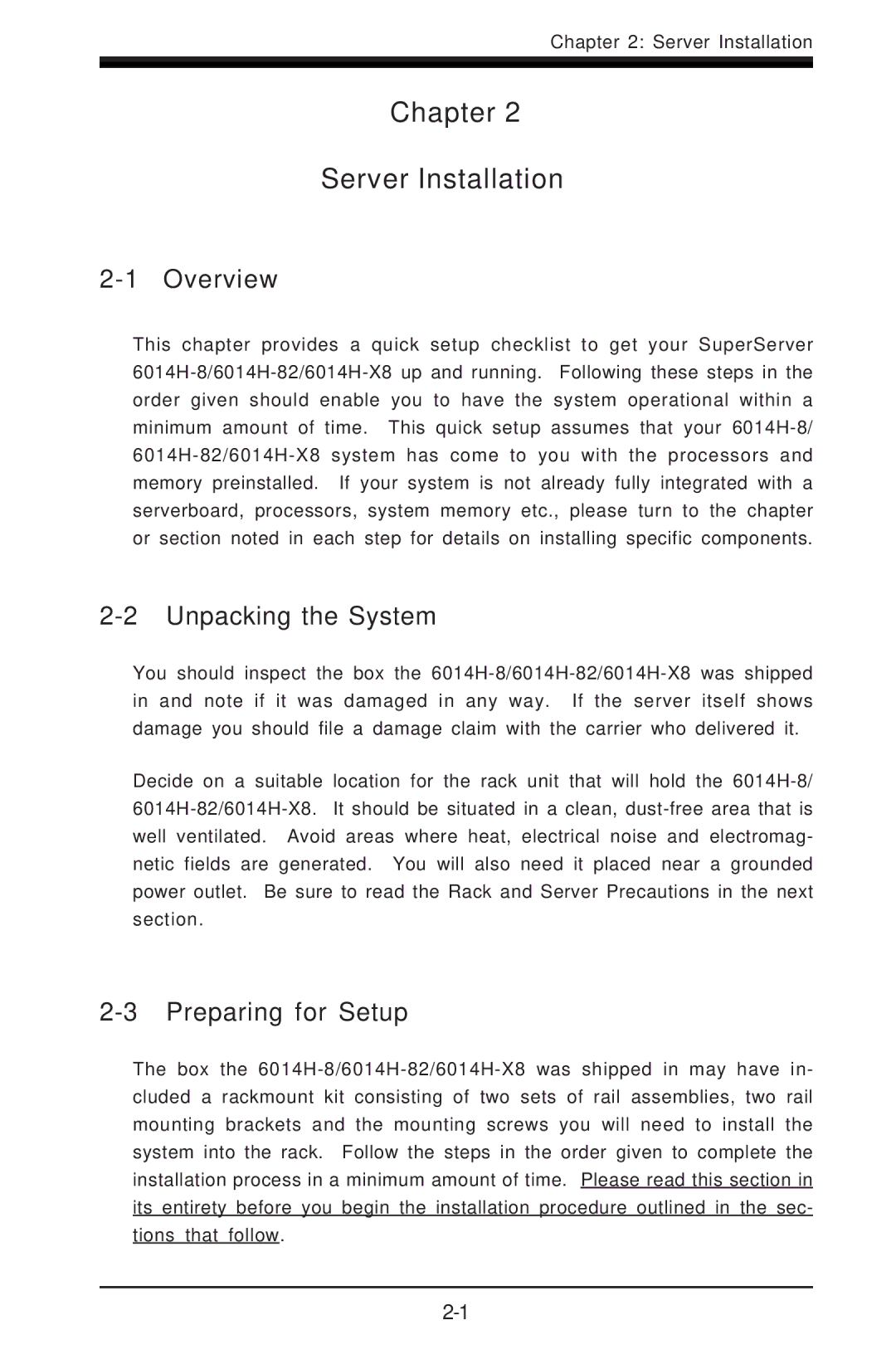 SUPER MICRO Computer 6014H-8 user manual Chapter Server Installation, Unpacking the System, Preparing for Setup 