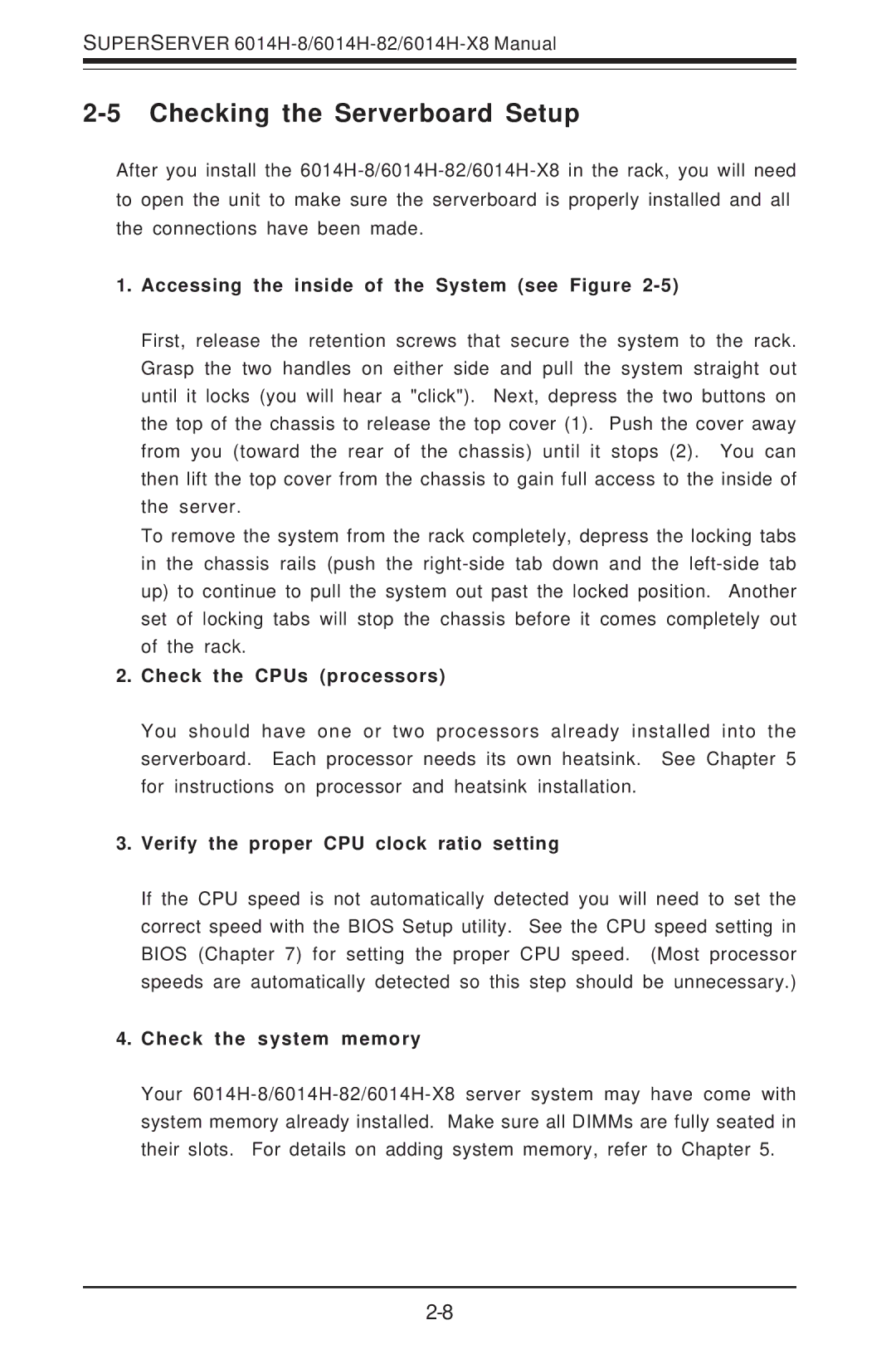 SUPER MICRO Computer 6014H-8 user manual Checking the Serverboard Setup, Accessing the inside of the System see Figure 