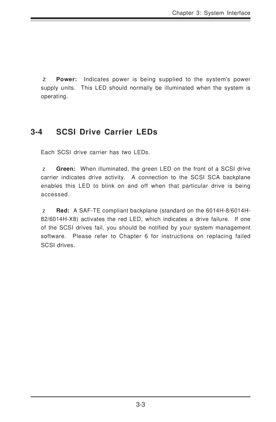 SUPER MICRO Computer 6014H-8 user manual Scsi Drive Carrier LEDs 