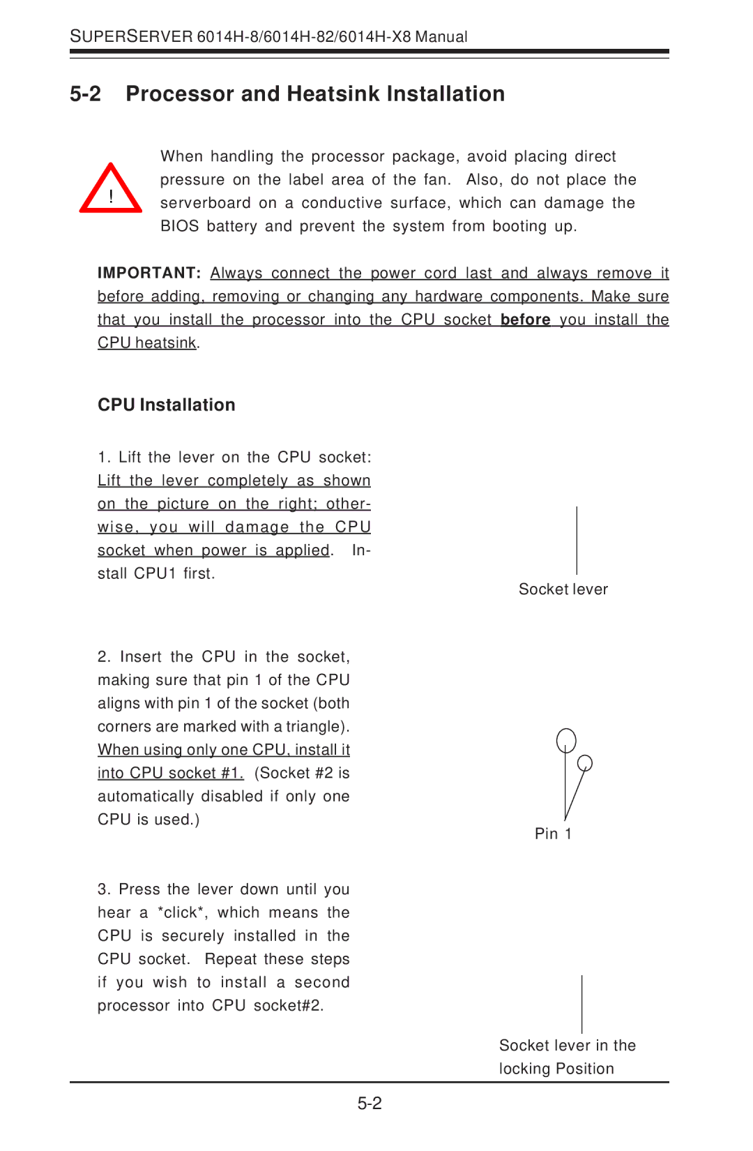 SUPER MICRO Computer 6014H-8 user manual Processor and Heatsink Installation, CPU Installation 