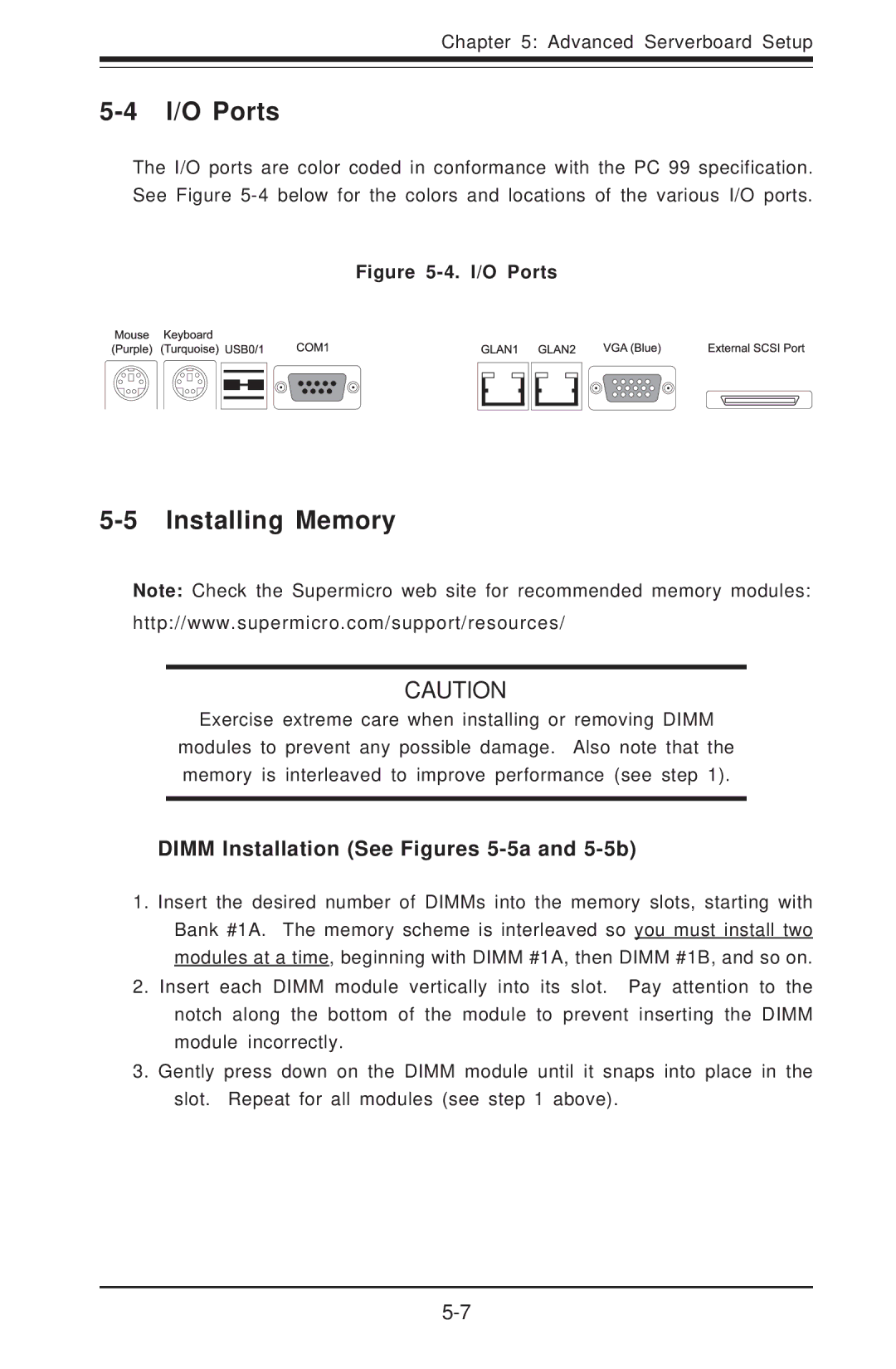 SUPER MICRO Computer 6014H-8 user manual I/O Ports, Installing Memory, Dimm Installation See Figures 5-5a and 5-5b 