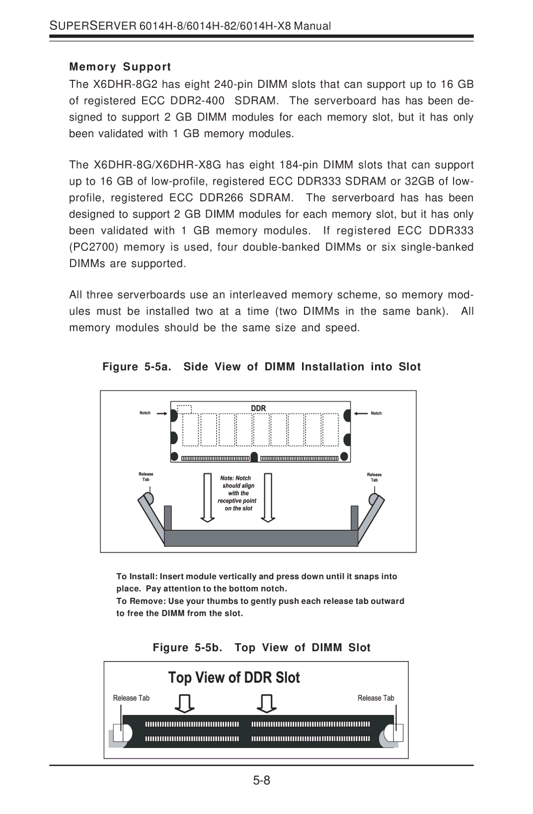 SUPER MICRO Computer 6014H-8 user manual Memory Support, 5a. Side View of Dimm Installation into Slot 
