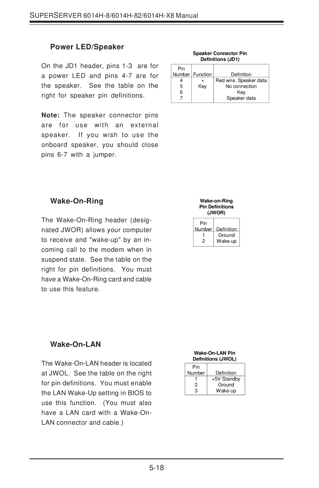 SUPER MICRO Computer 6014H-8 user manual Power LED/Speaker, Wake-On-Ring, Wake-On-LAN 