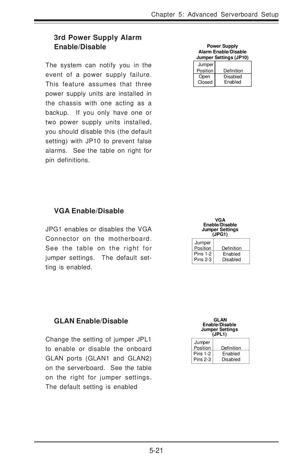 SUPER MICRO Computer 6014H-8 user manual 3rd Power Supply Alarm Enable/Disable, VGA Enable/Disable, Glan Enable/Disable 