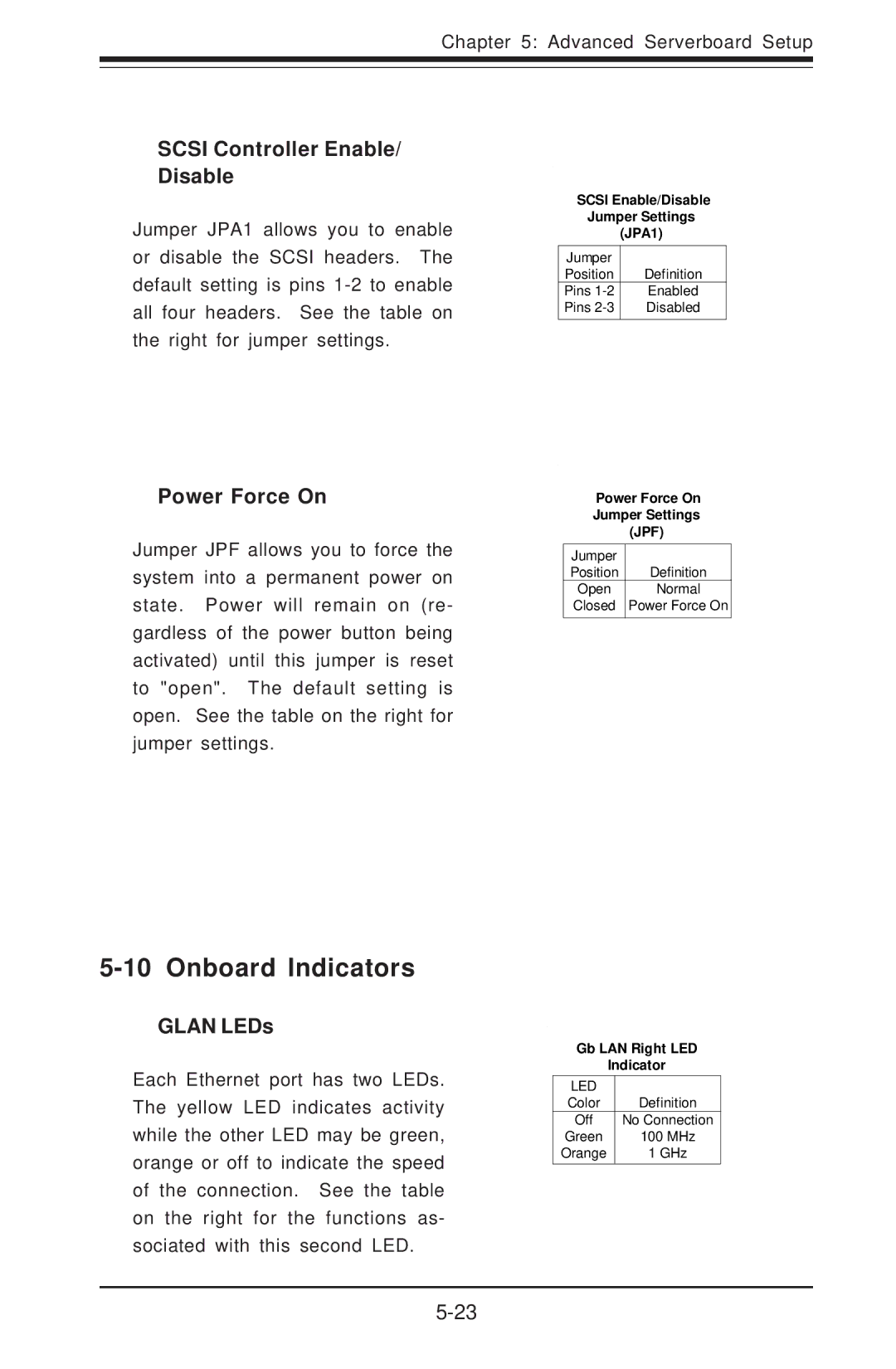 SUPER MICRO Computer 6014H-8 user manual Onboard Indicators, Scsi Controller Enable/ Disable, Power Force On, Glan LEDs 