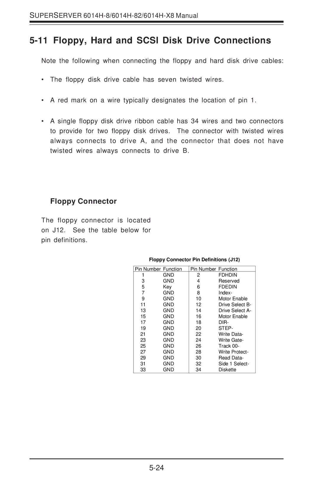 SUPER MICRO Computer 6014H-8 user manual Floppy, Hard and Scsi Disk Drive Connections, Floppy Connector 