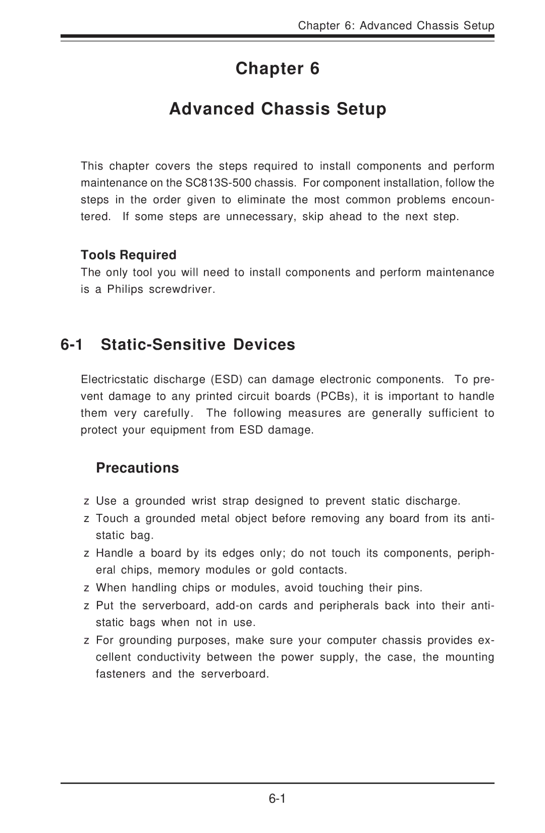 SUPER MICRO Computer 6014H-8 user manual Chapter Advanced Chassis Setup, Static-Sensitive Devices, Tools Required 