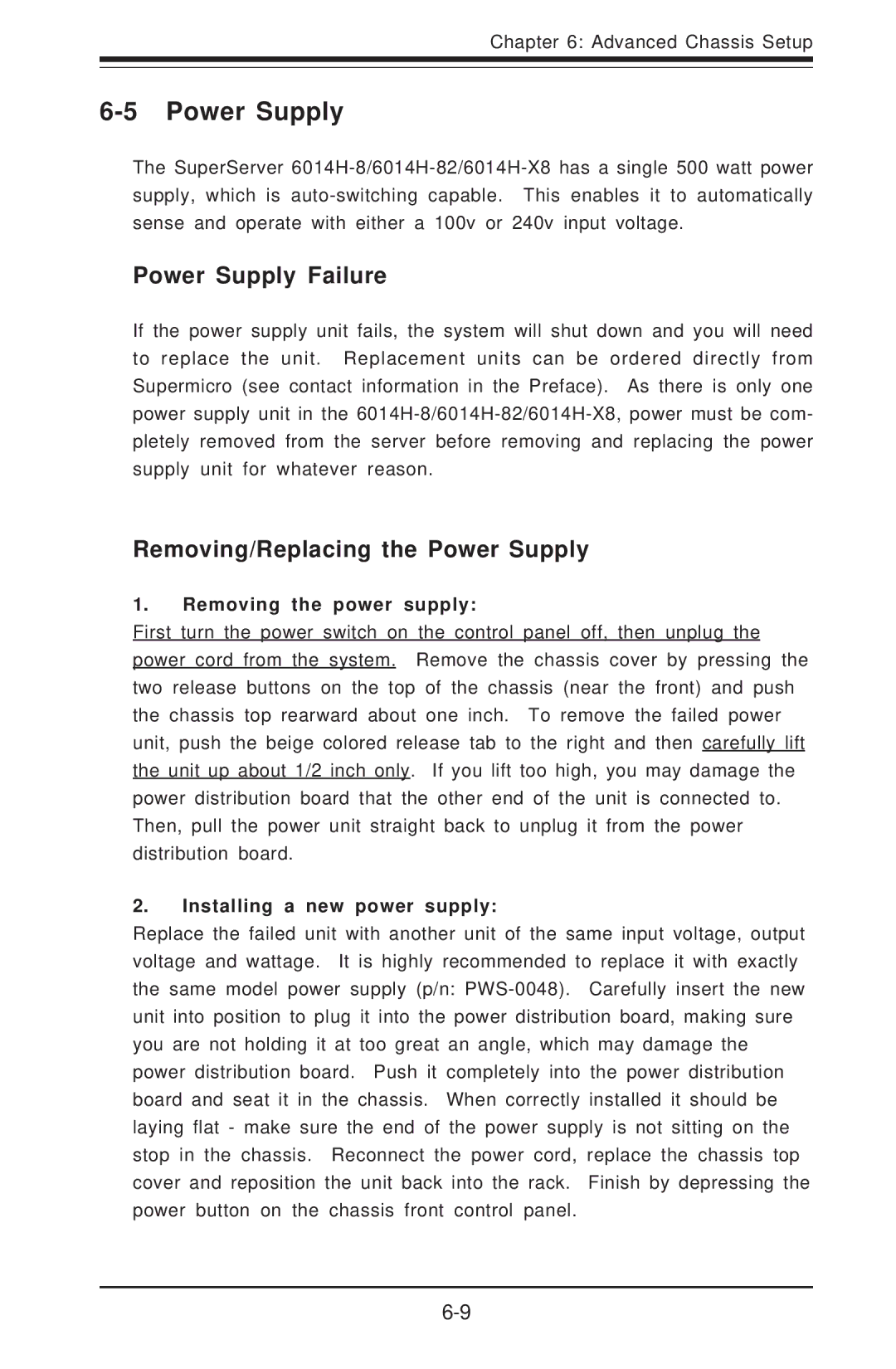 SUPER MICRO Computer 6014H-8 Power Supply Failure, Removing/Replacing the Power Supply, Removing the power supply 