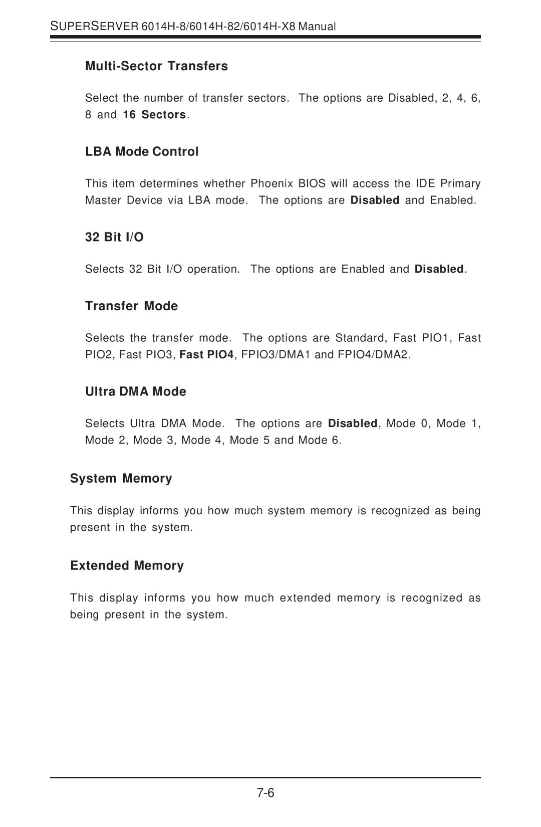 SUPER MICRO Computer 6014H-8 user manual Multi-Sector Transfers, LBA Mode Control, Bit I/O, Transfer Mode, Ultra DMA Mode 