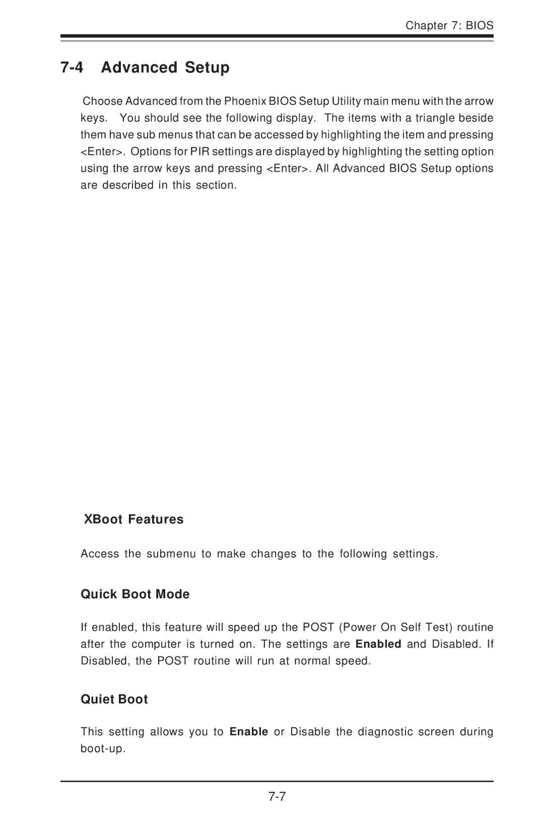 SUPER MICRO Computer 6014H-8 user manual Advanced Setup, Boot Features, Quick Boot Mode, Quiet Boot 