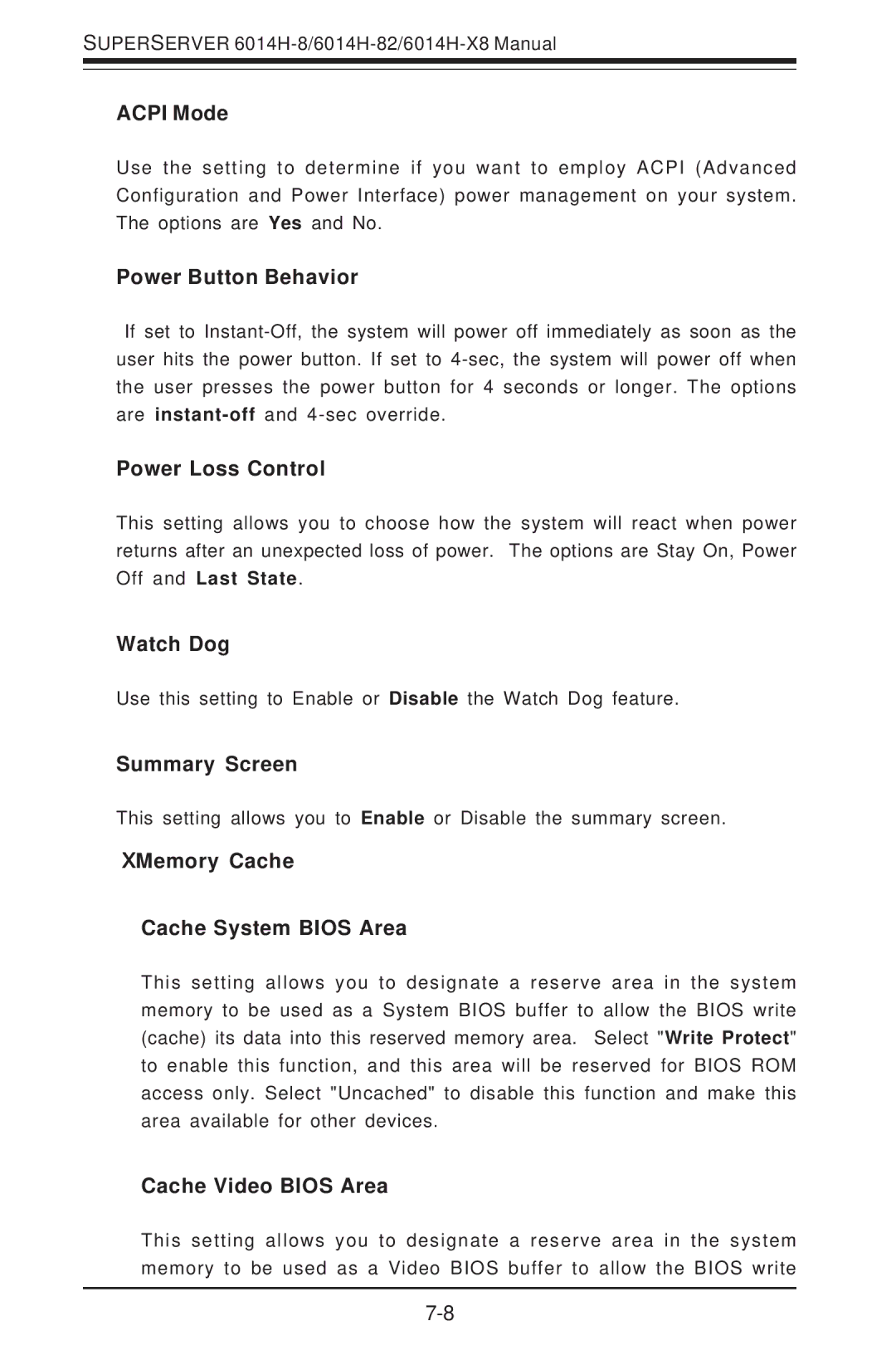 SUPER MICRO Computer 6014H-8 user manual Acpi Mode, Power Button Behavior, Power Loss Control, Watch Dog, Summary Screen 