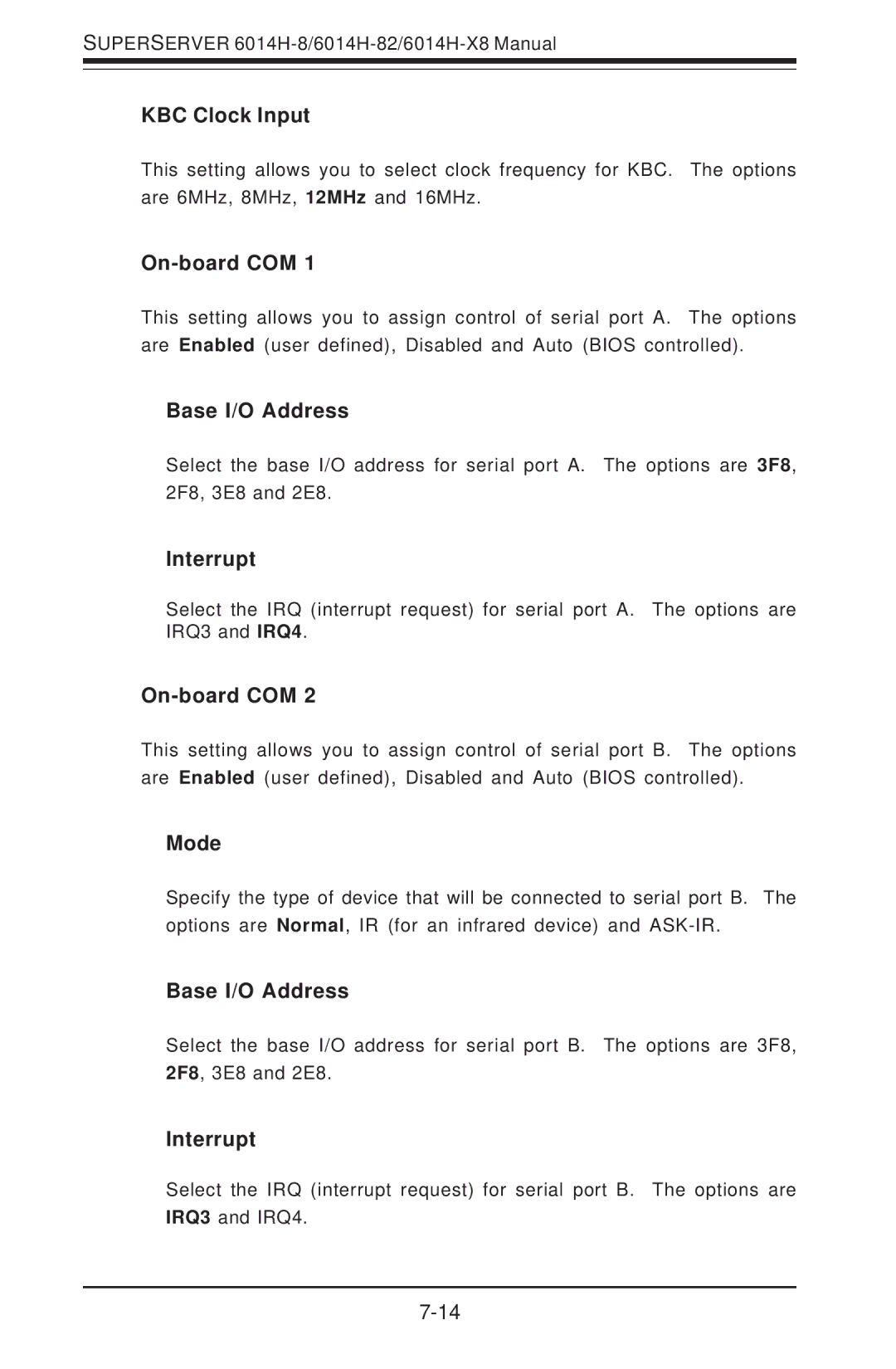 SUPER MICRO Computer 6014H-8 user manual KBC Clock Input, On-board COM, Base I/O Address, Interrupt, Mode 