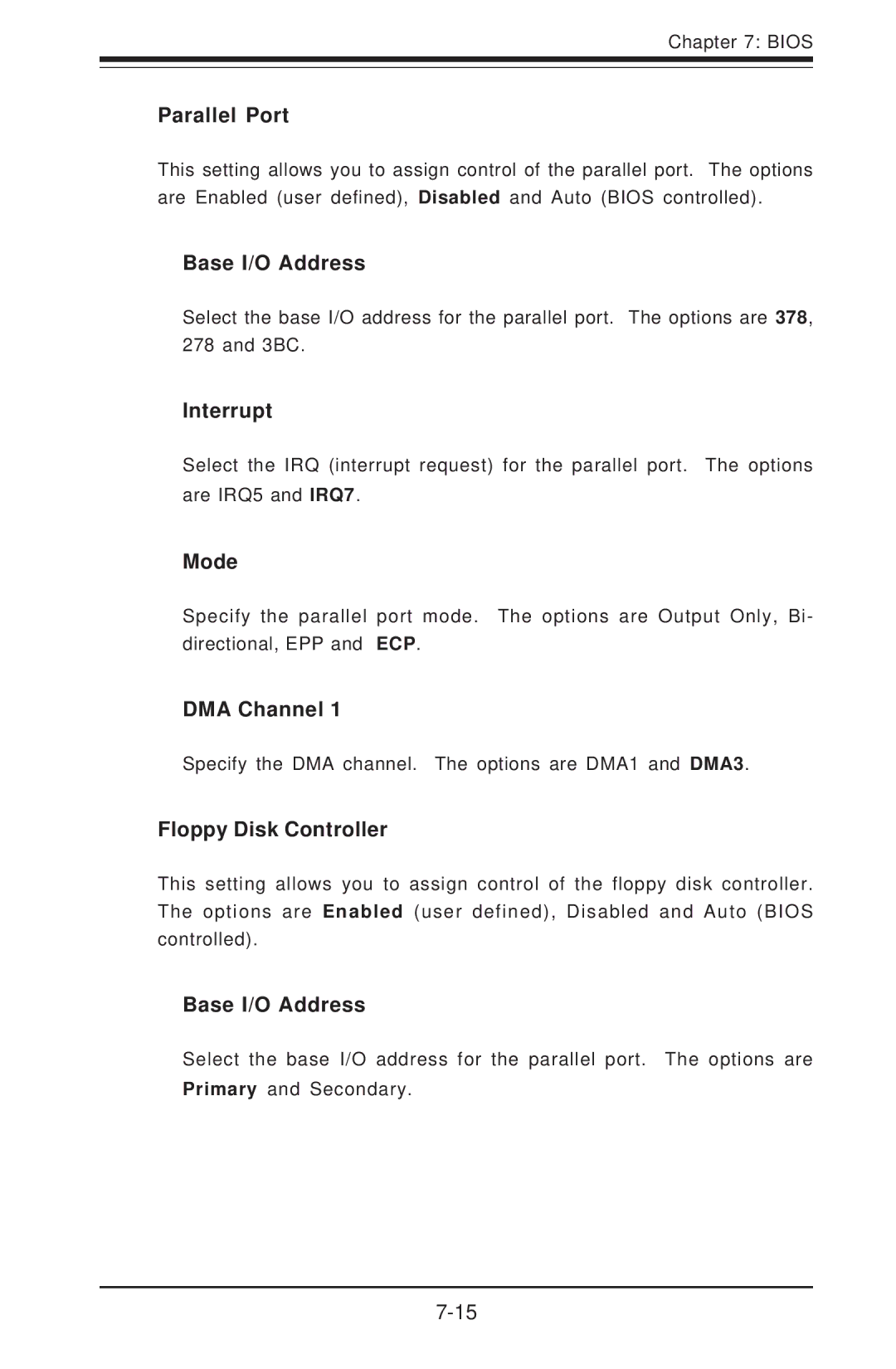 SUPER MICRO Computer 6014H-8 user manual Parallel Port, DMA Channel, Floppy Disk Controller 