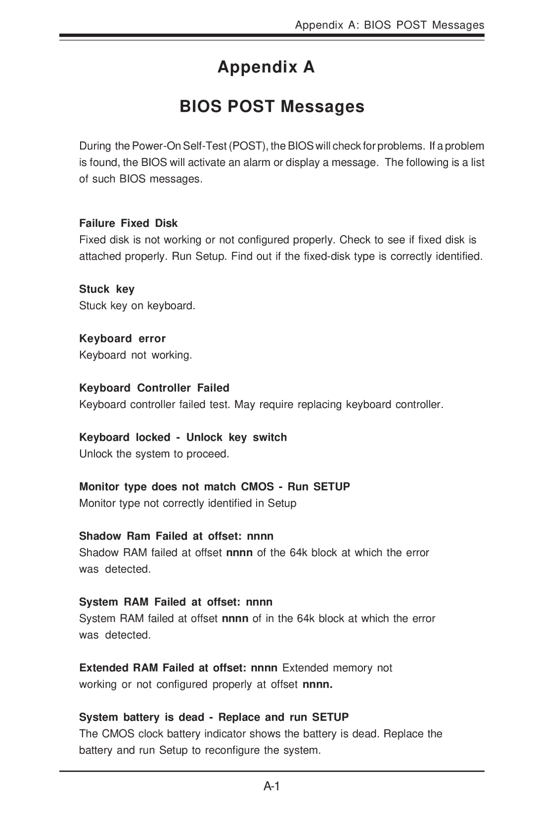 SUPER MICRO Computer 6014H-8 user manual Appendix a Bios Post Messages 