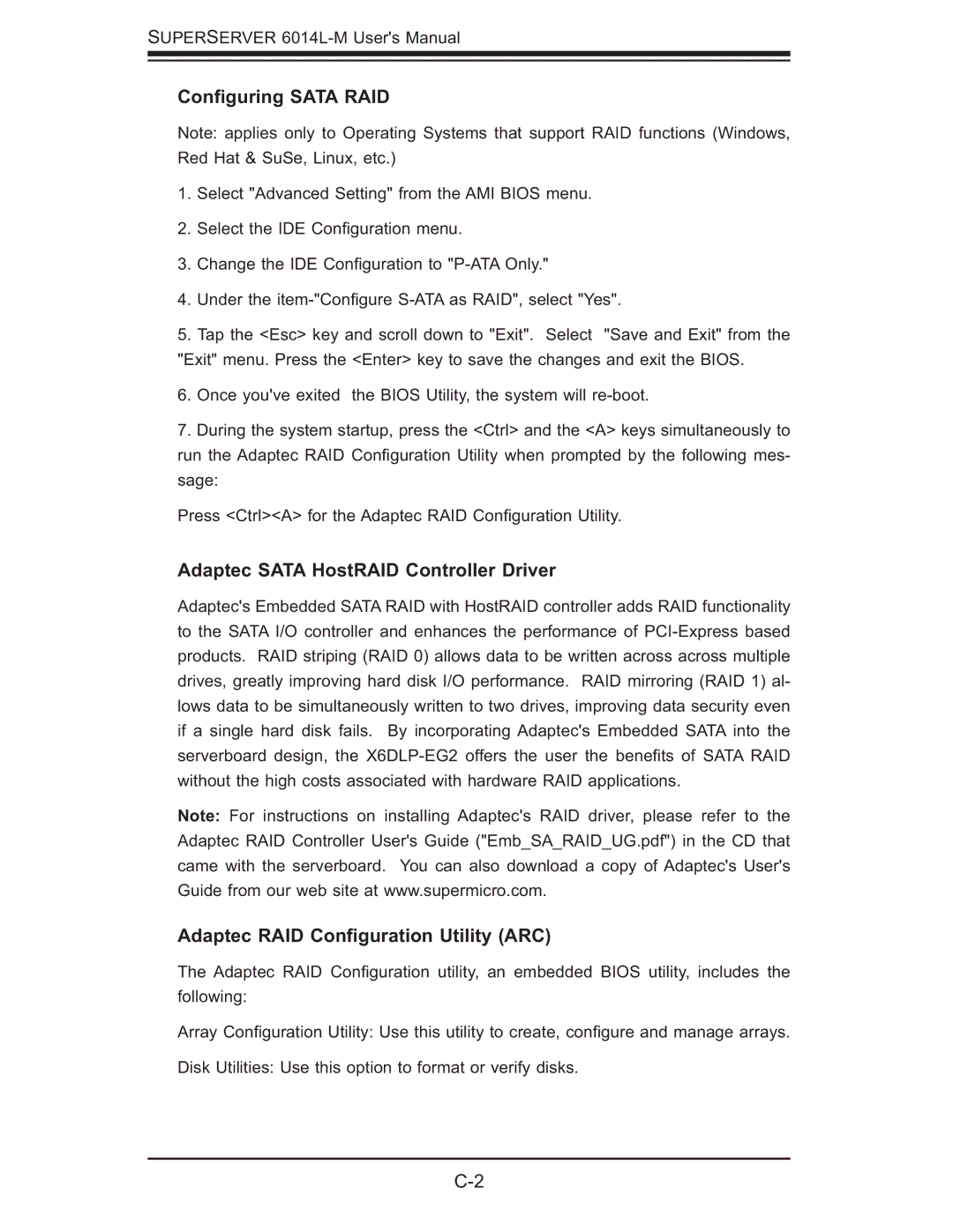 SUPER MICRO Computer 6014L-M manual Conﬁguring Sata RAID, Adaptec Sata HostRAID Controller Driver 