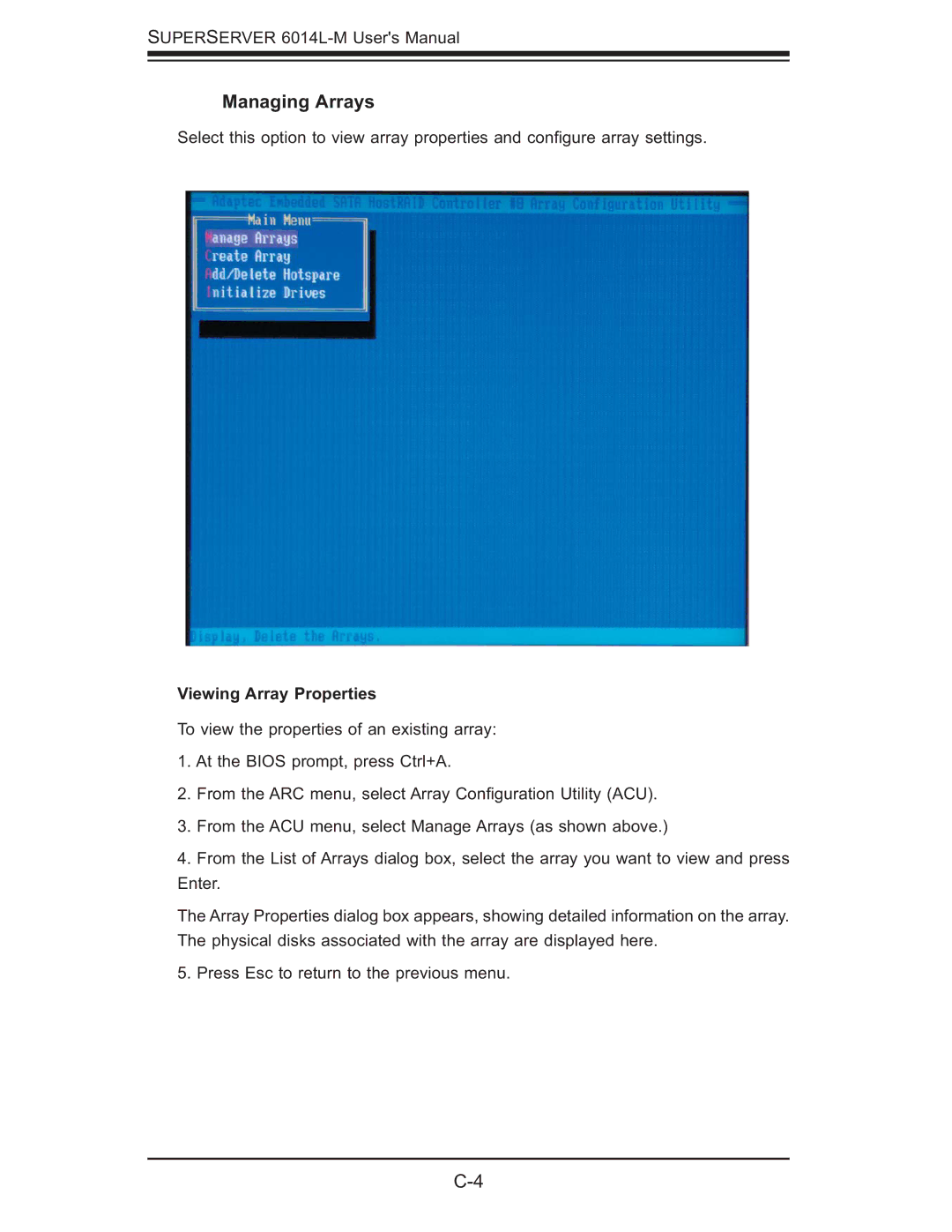 SUPER MICRO Computer 6014L-M manual Managing Arrays, Viewing Array Properties 