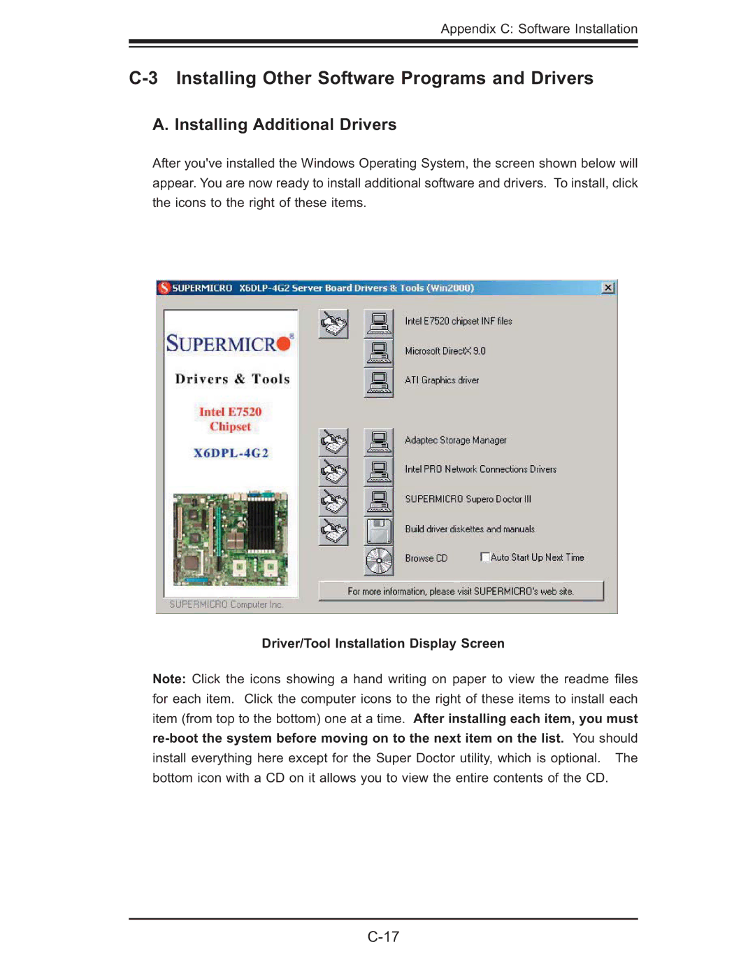 SUPER MICRO Computer 6014L-M manual Installing Other Software Programs and Drivers, Installing Additional Drivers 