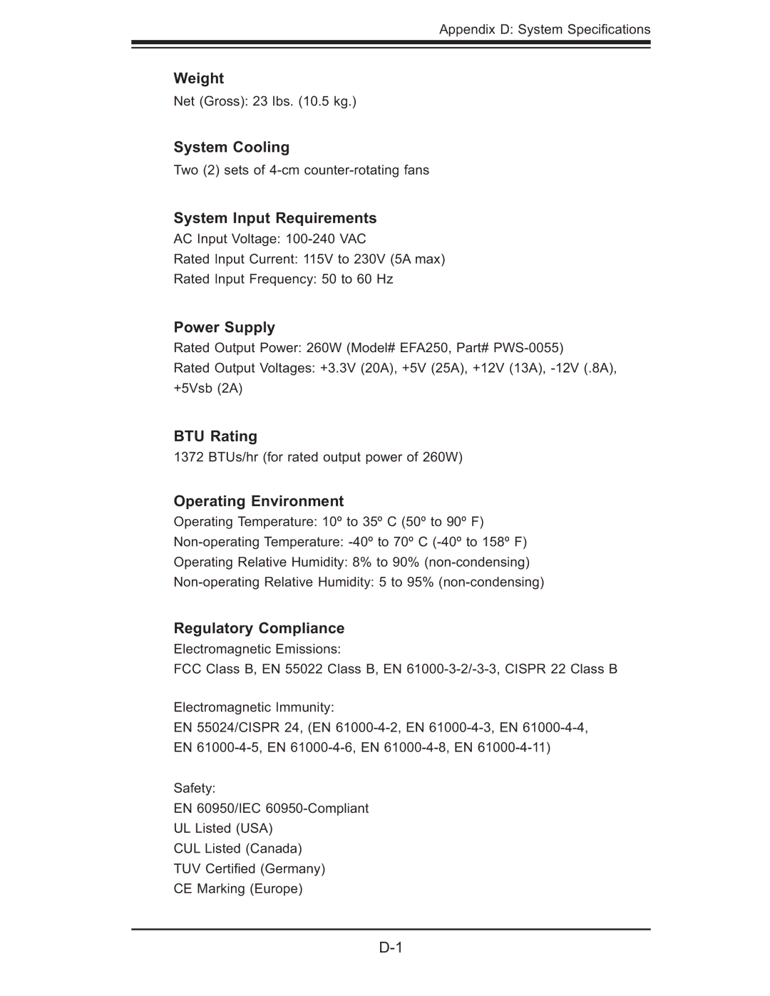 SUPER MICRO Computer 6014L-M manual Weight, System Cooling, System Input Requirements, Power Supply, BTU Rating 