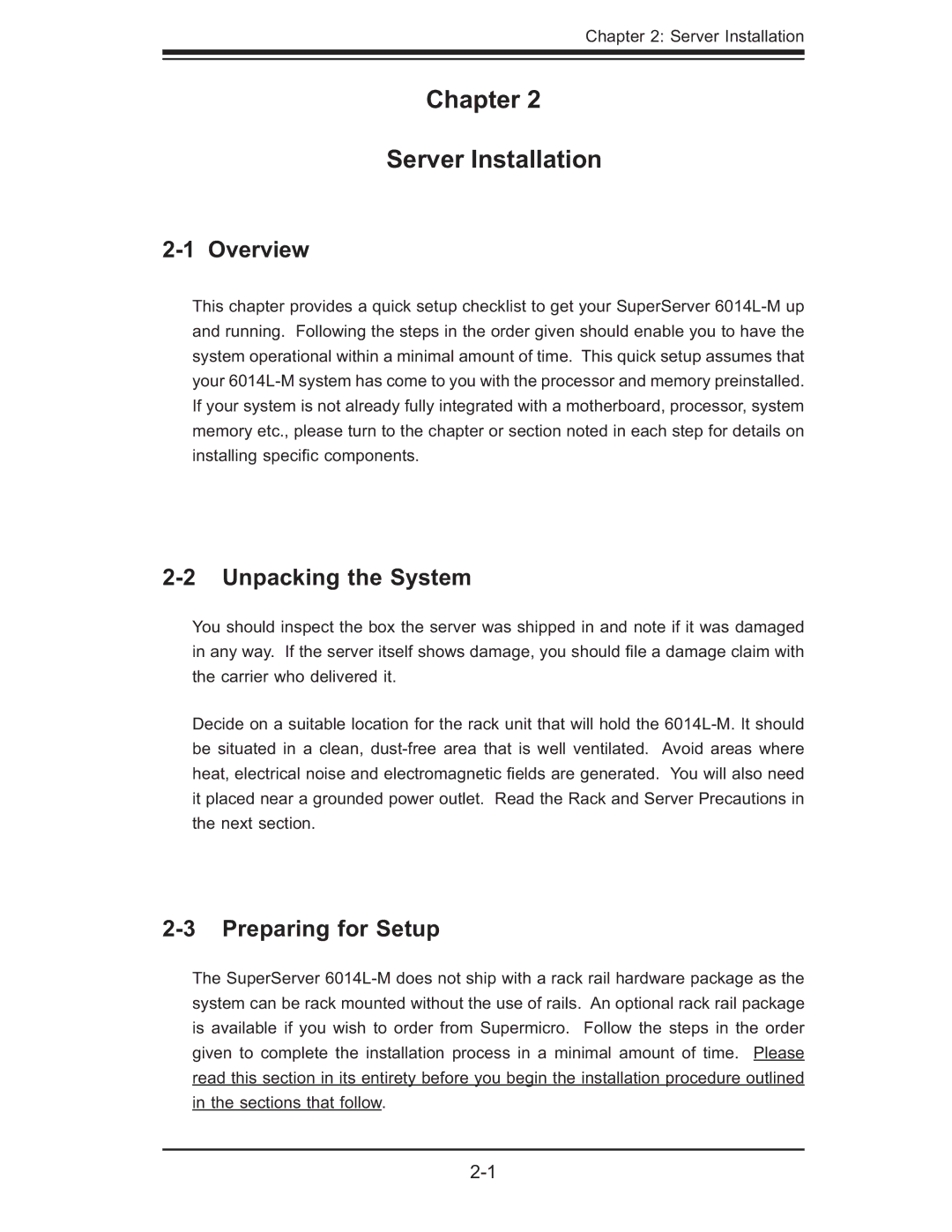 SUPER MICRO Computer 6014L-M manual Chapter Server Installation, Unpacking the System, Preparing for Setup 